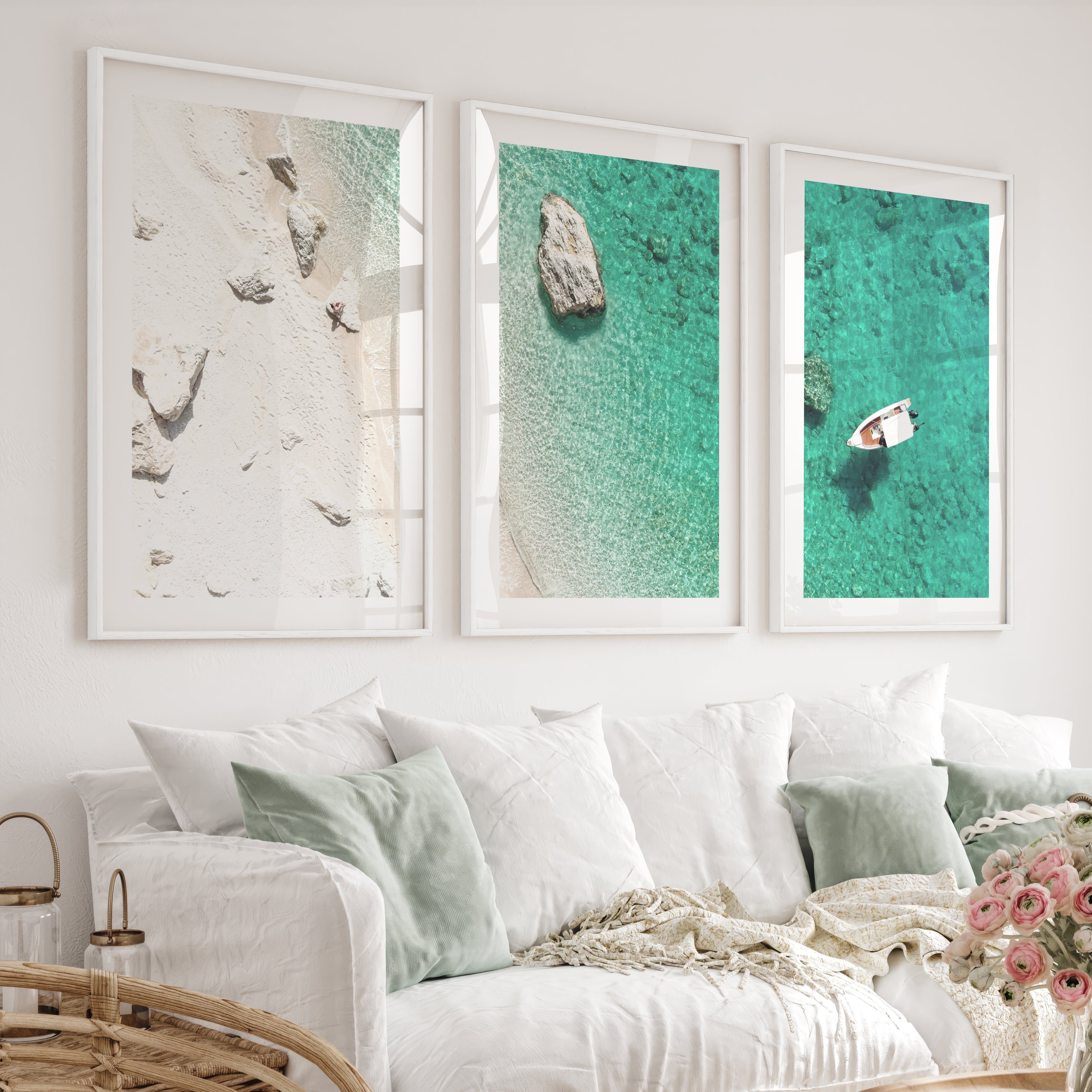 Small Boat ocean view wall art - White Framed Poster with White Border - Artworksets