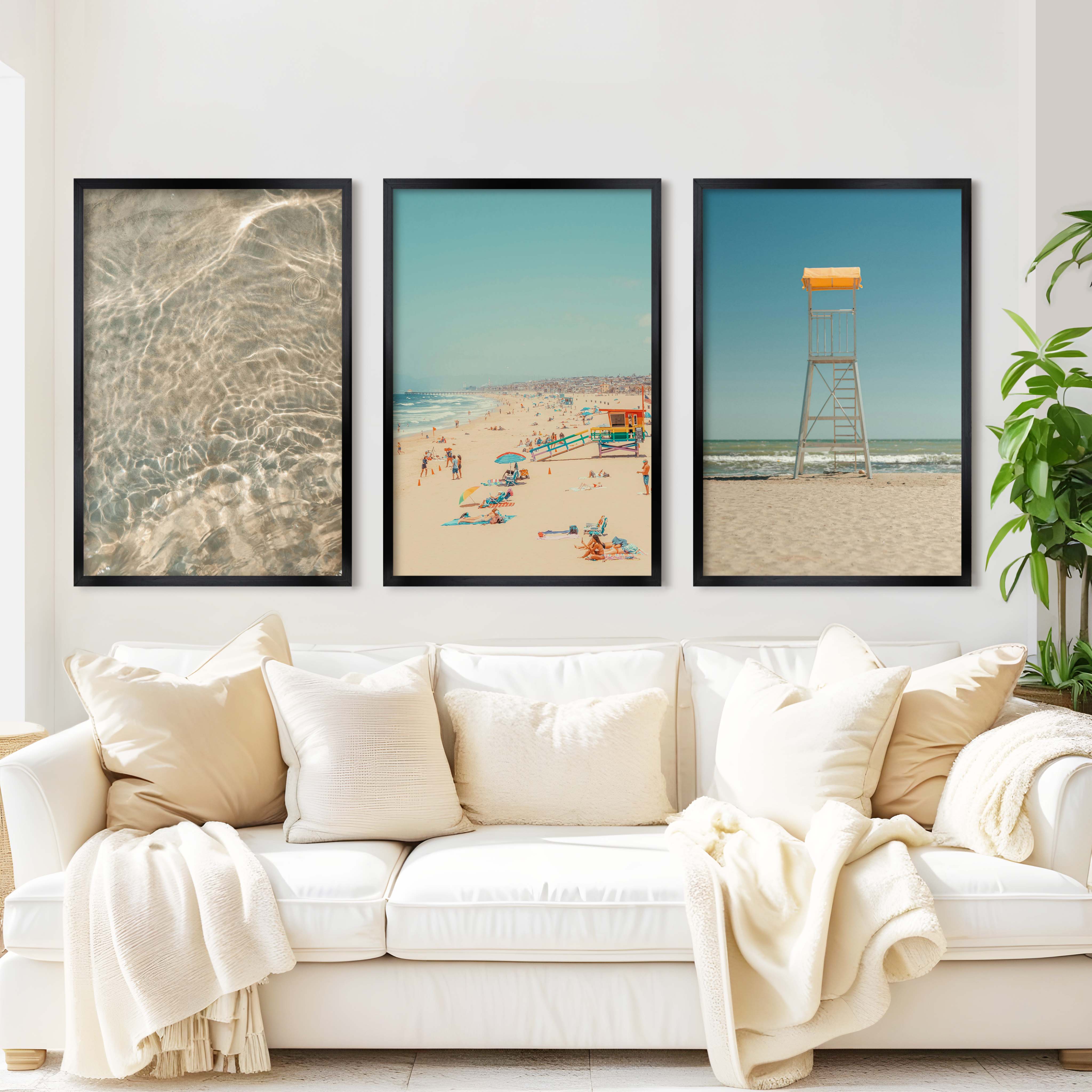 Ocean Wall Art Decor – Lifeguard Tower, Waves & Beach (Set of 3) - Black Framed Poster No Border - Artworksets