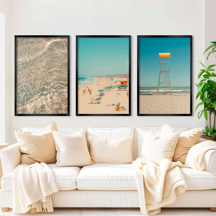 Ocean Wall Art Decor – Lifeguard Tower, Waves & Beach (Set of 3) - Black Framed Poster No Border - Artworksets