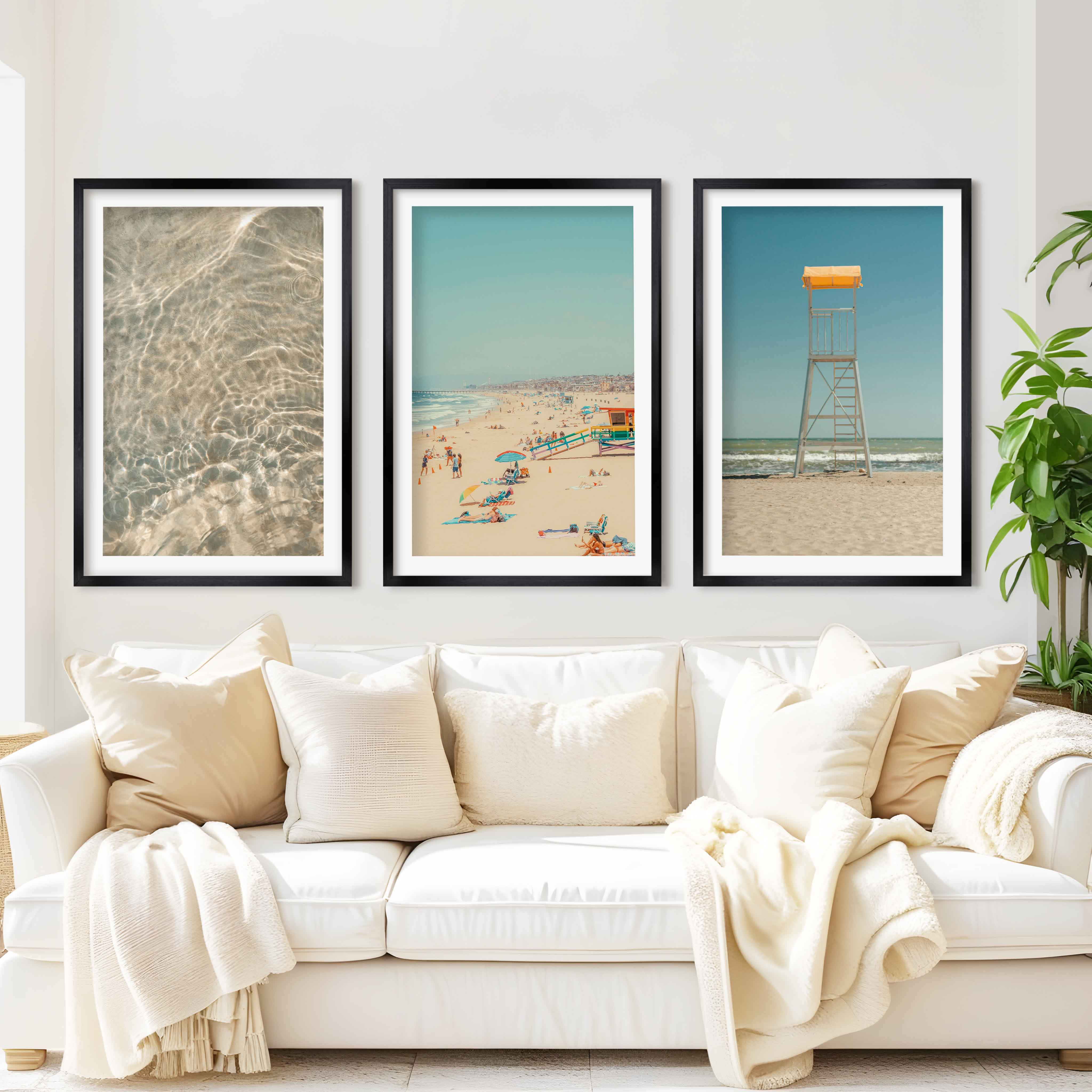 Ocean Wall Art Decor – Lifeguard Tower, Waves & Beach (Set of 3) - Black Framed Poster with White Border - Artworksets