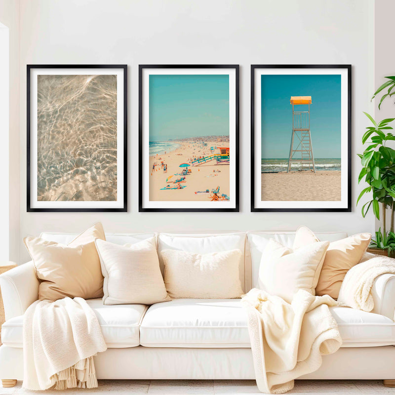 Ocean Wall Art Decor – Lifeguard Tower, Waves & Beach (Set of 3) - Black Framed Poster with White Border - Artworksets