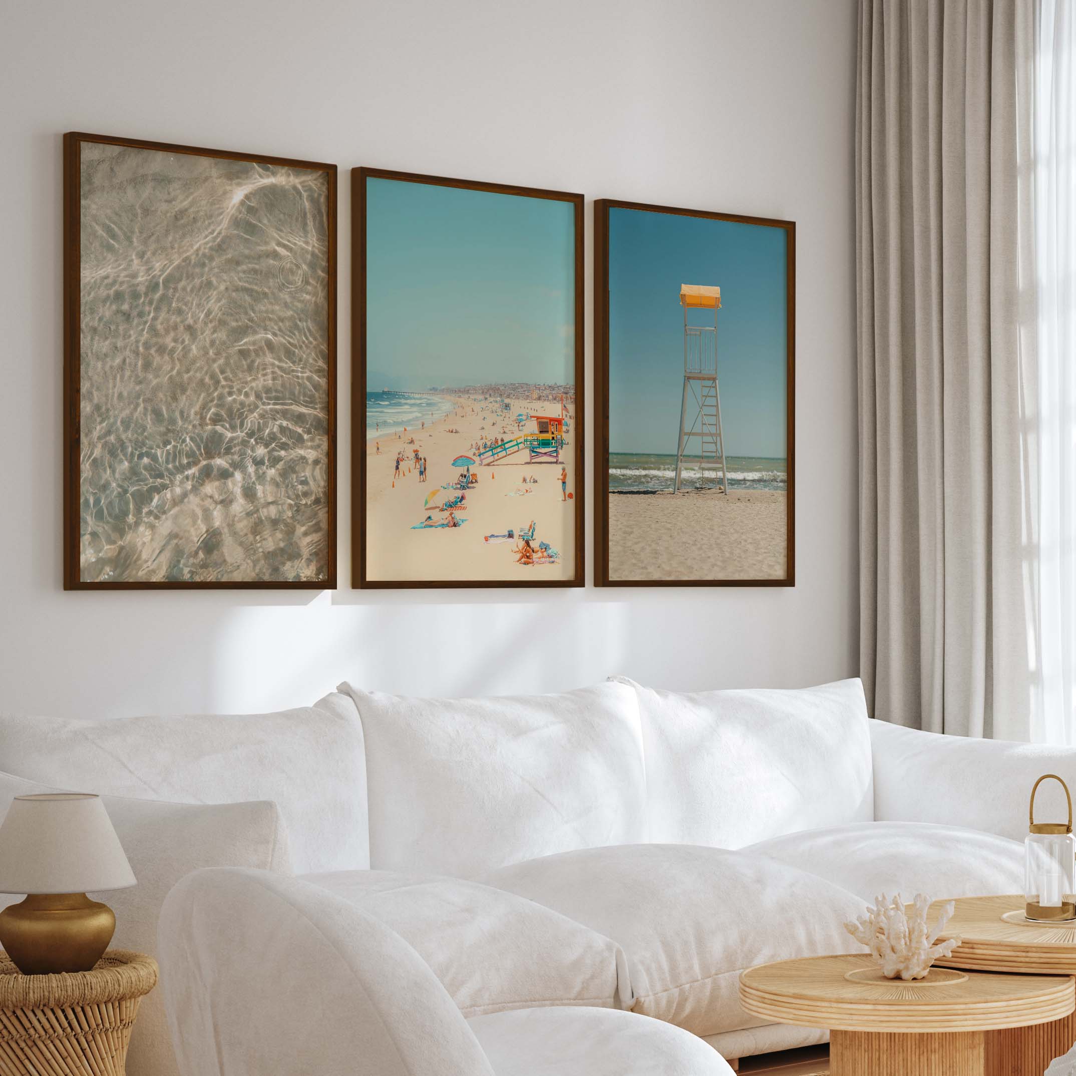 Ocean Wall Art Decor – Lifeguard Tower, Waves & Beach (Set of 3) - Dark Brown Framed Poster No Border - Artworksets