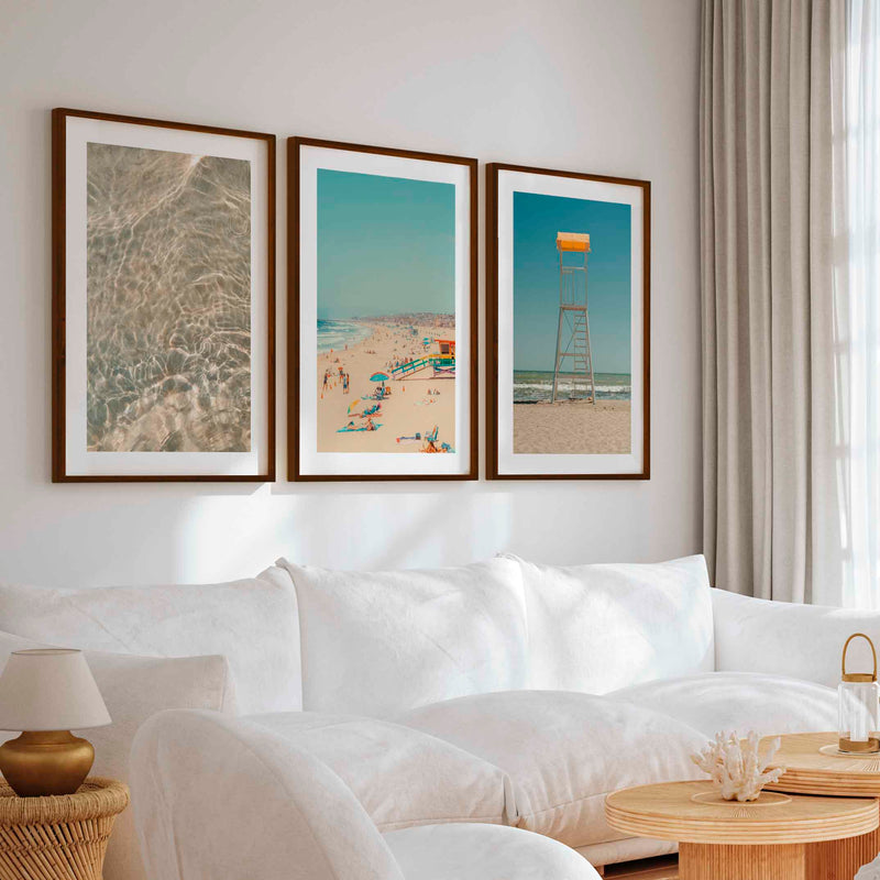 Ocean Wall Art Decor – Lifeguard Tower, Waves & Beach (Set of 3) - Dark Brown Framed Poster with White Border - Artworksets