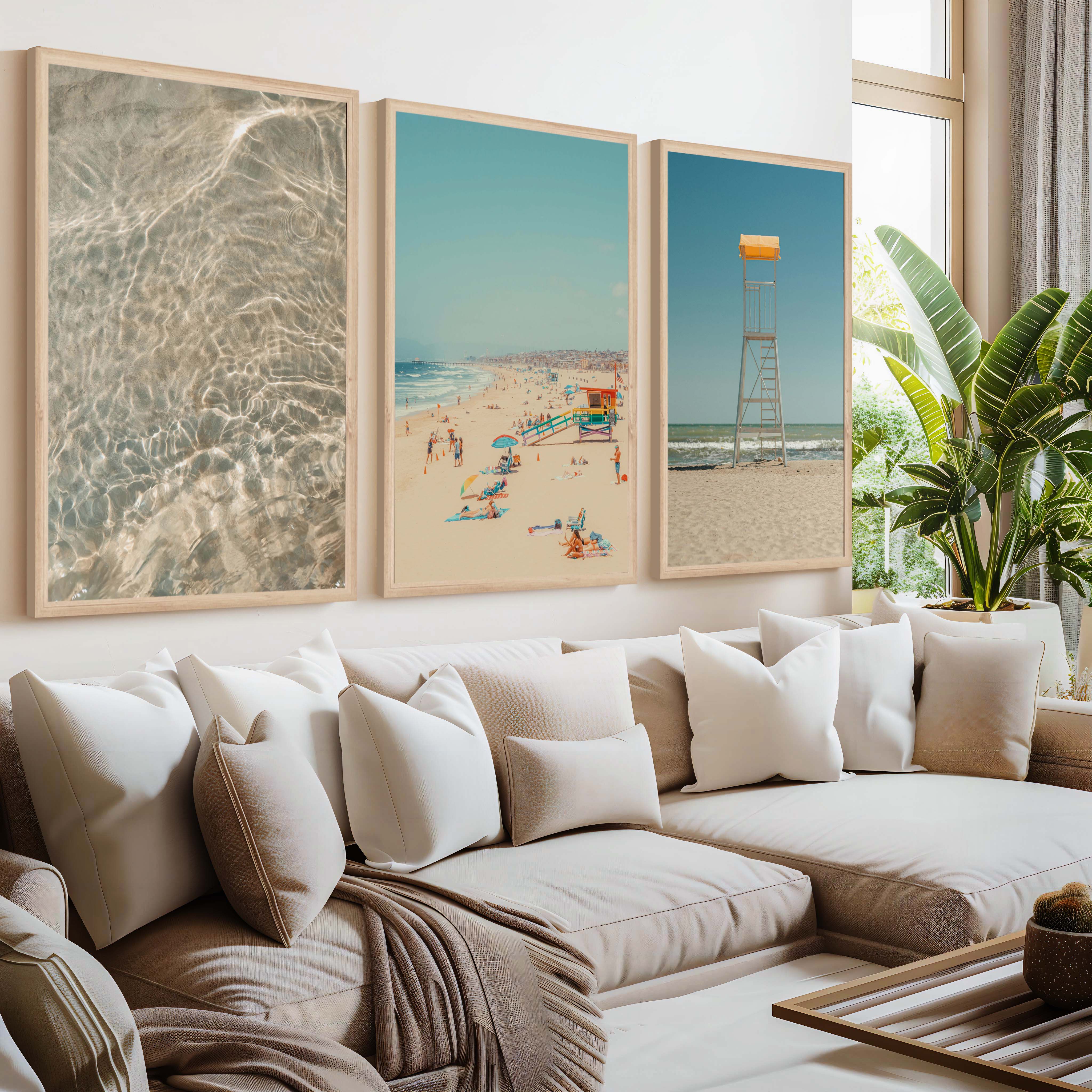 Ocean Wall Art Decor – Lifeguard Tower, Waves & Beach (Set of 3) - Natural Wood Framed Poster No Border - Artworksets