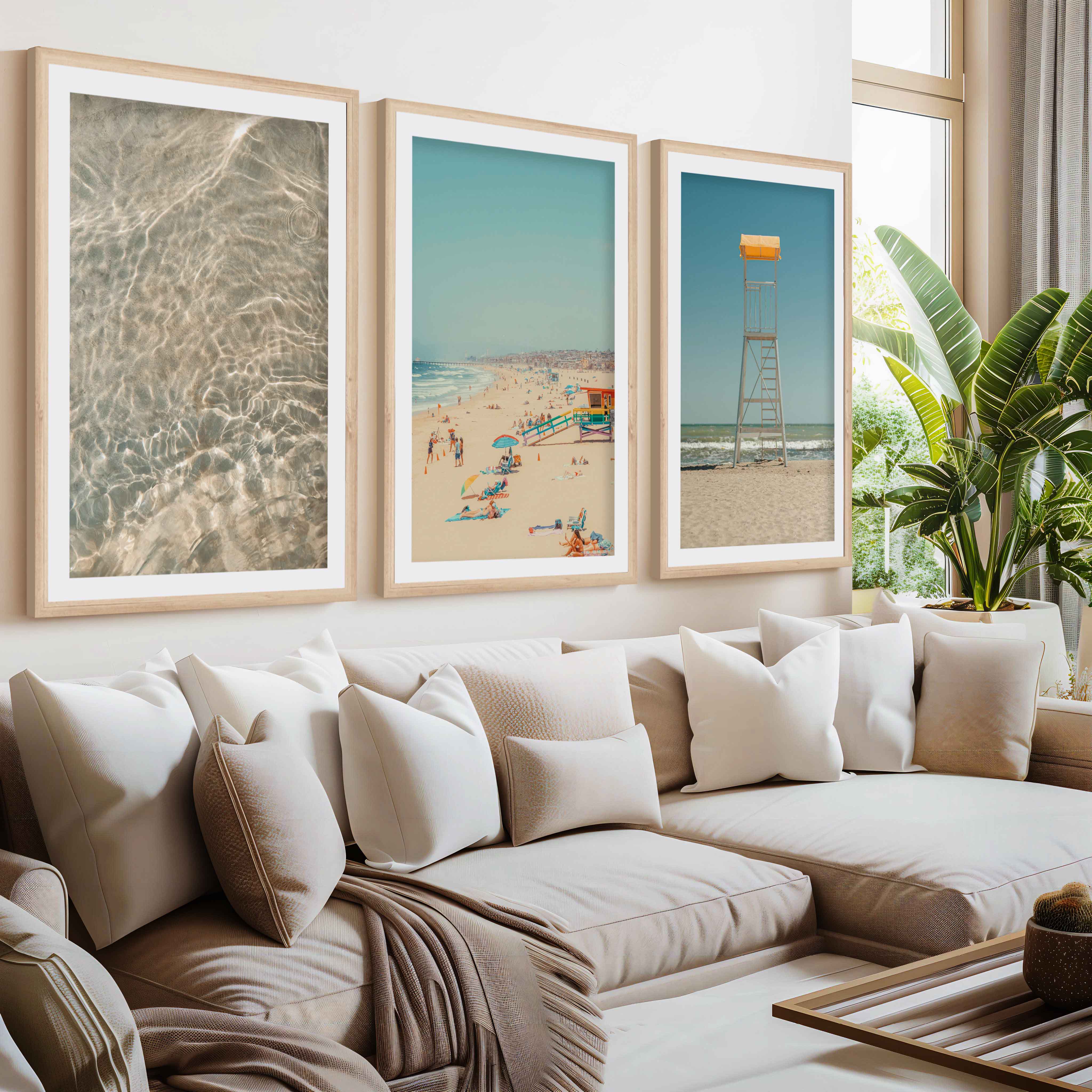 Ocean Wall Art Decor – Lifeguard Tower, Waves & Beach (Set of 3)- Natural Wood Framed Poster with White Border - Artworksets