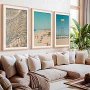 Ocean Wall Art Decor – Lifeguard Tower, Waves & Beach (Set of 3)- Natural Wood Framed Poster with White Border - Artworksets