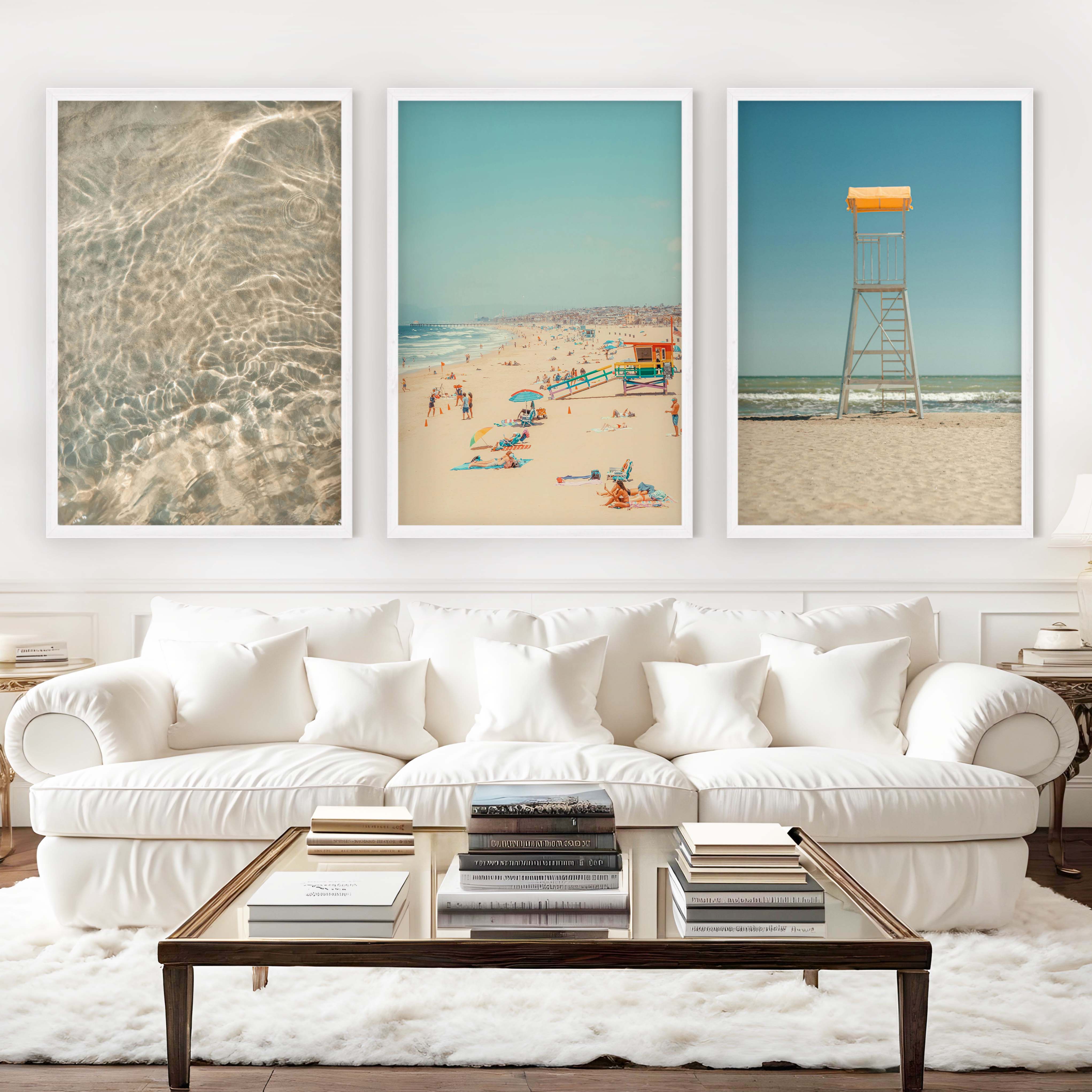 Ocean Wall Art Decor – Lifeguard Tower, Waves & Beach (Set of 3) - White Framed Poster No Border - Artworksets