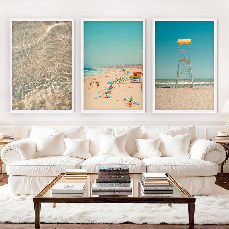 Ocean Wall Art Decor – Lifeguard Tower, Waves & Beach (Set of 3) - White Framed Poster No Border - Artworksets