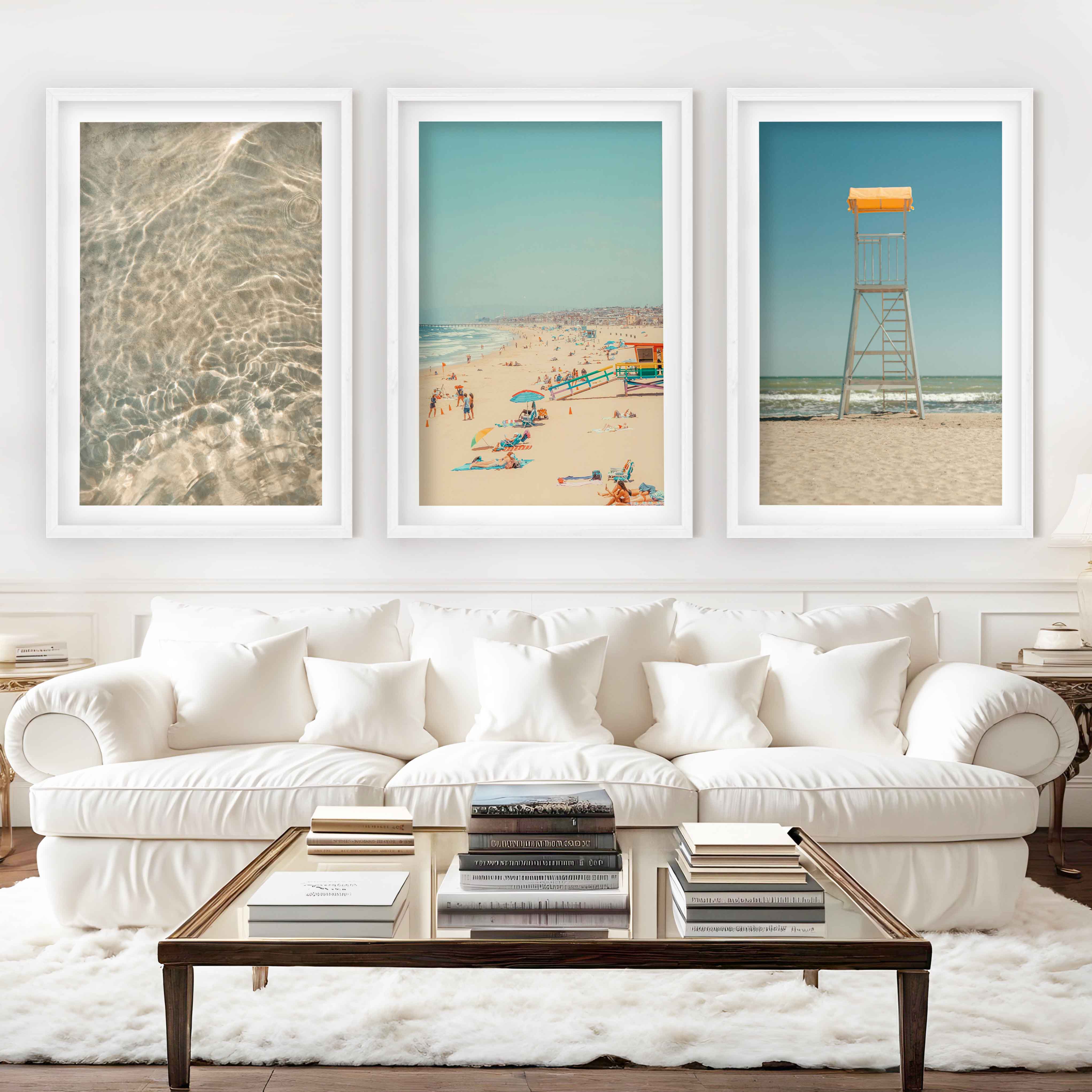 Ocean Wall Art Decor – Lifeguard Tower, Waves & Beach (Set of 3) - White Framed Poster with White Border - Artworksets