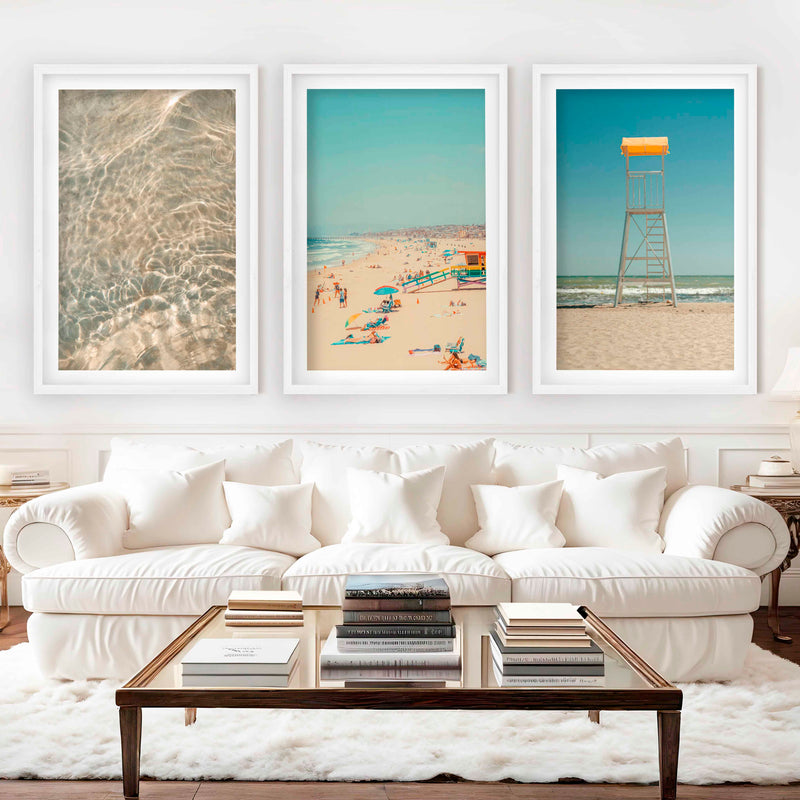 Ocean Wall Art Decor – Lifeguard Tower, Waves & Beach (Set of 3) - White Framed Poster with White Border - Artworksets