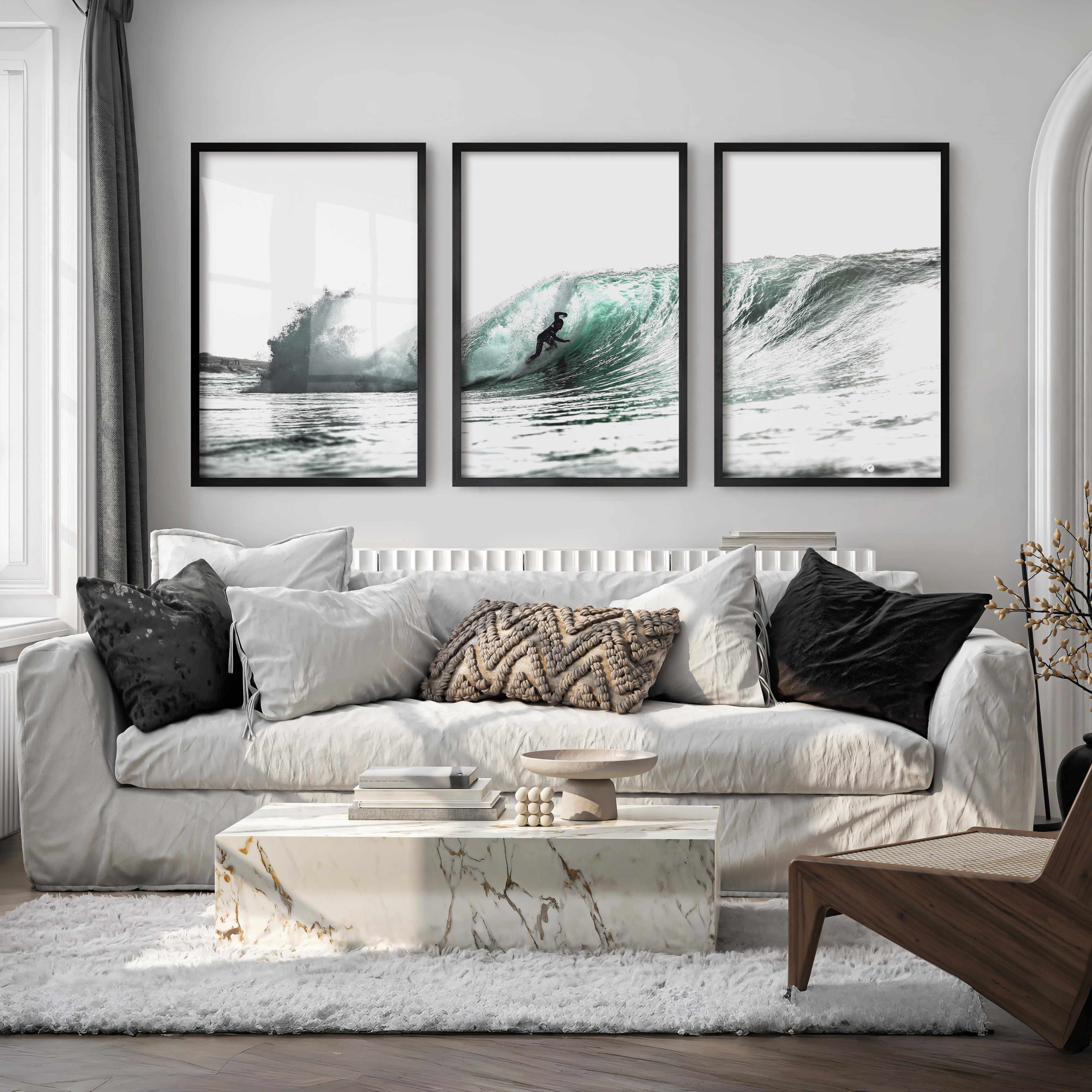 Teal Barrel Surfer ocean wall art decor - Black Framed Poster No Border - Artworksets