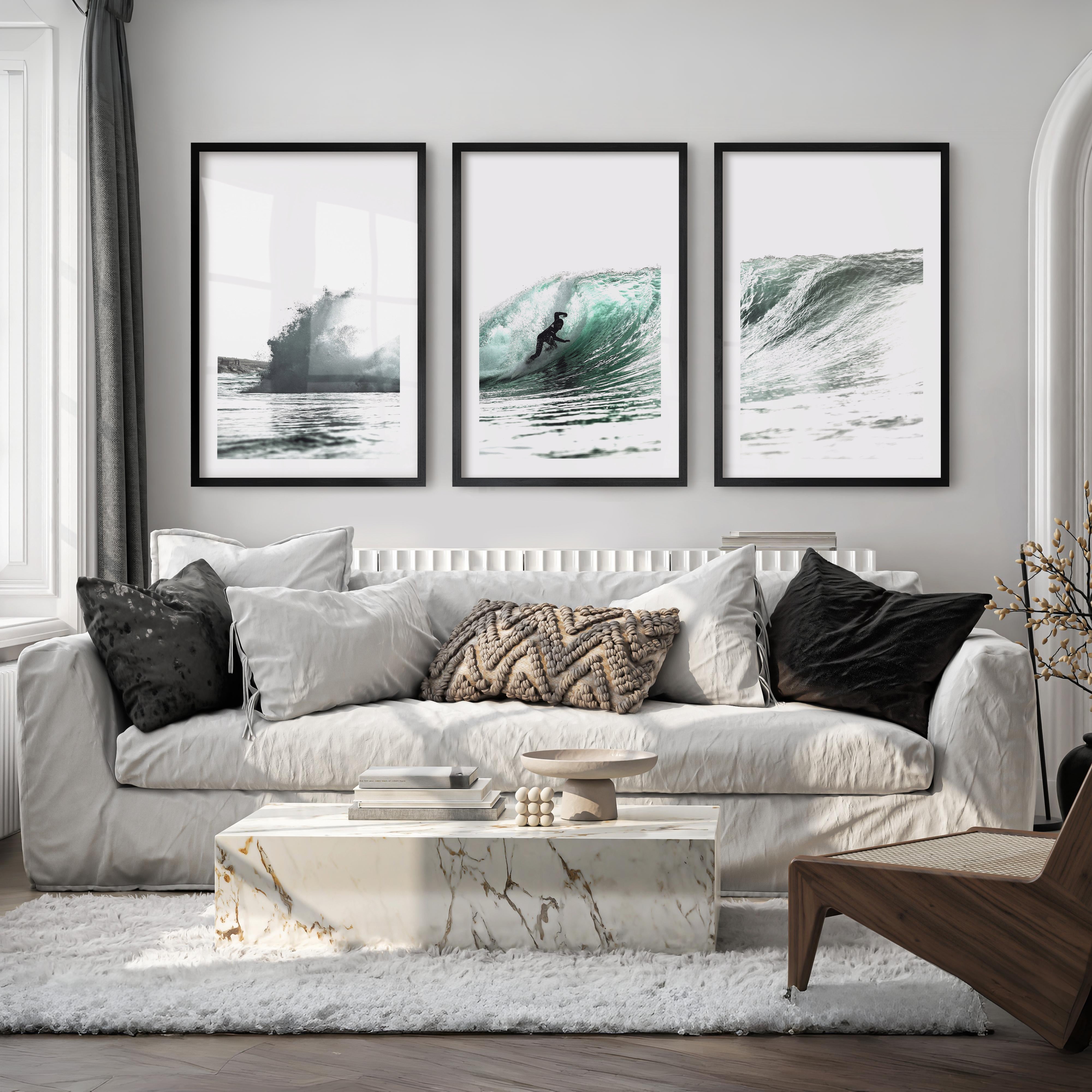 Teal Barrel Surfer ocean wall art decor - Black Framed Poster with White Border - Artworksets