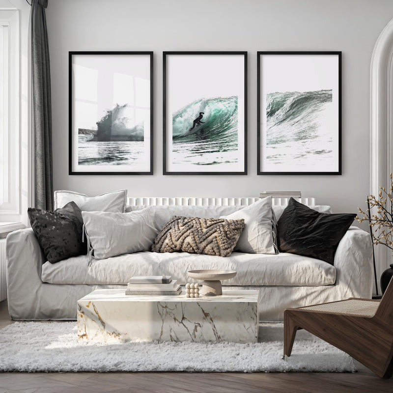 Teal Barrel Surfer ocean wall art decor - Black Framed Poster with White Border - Artworksets