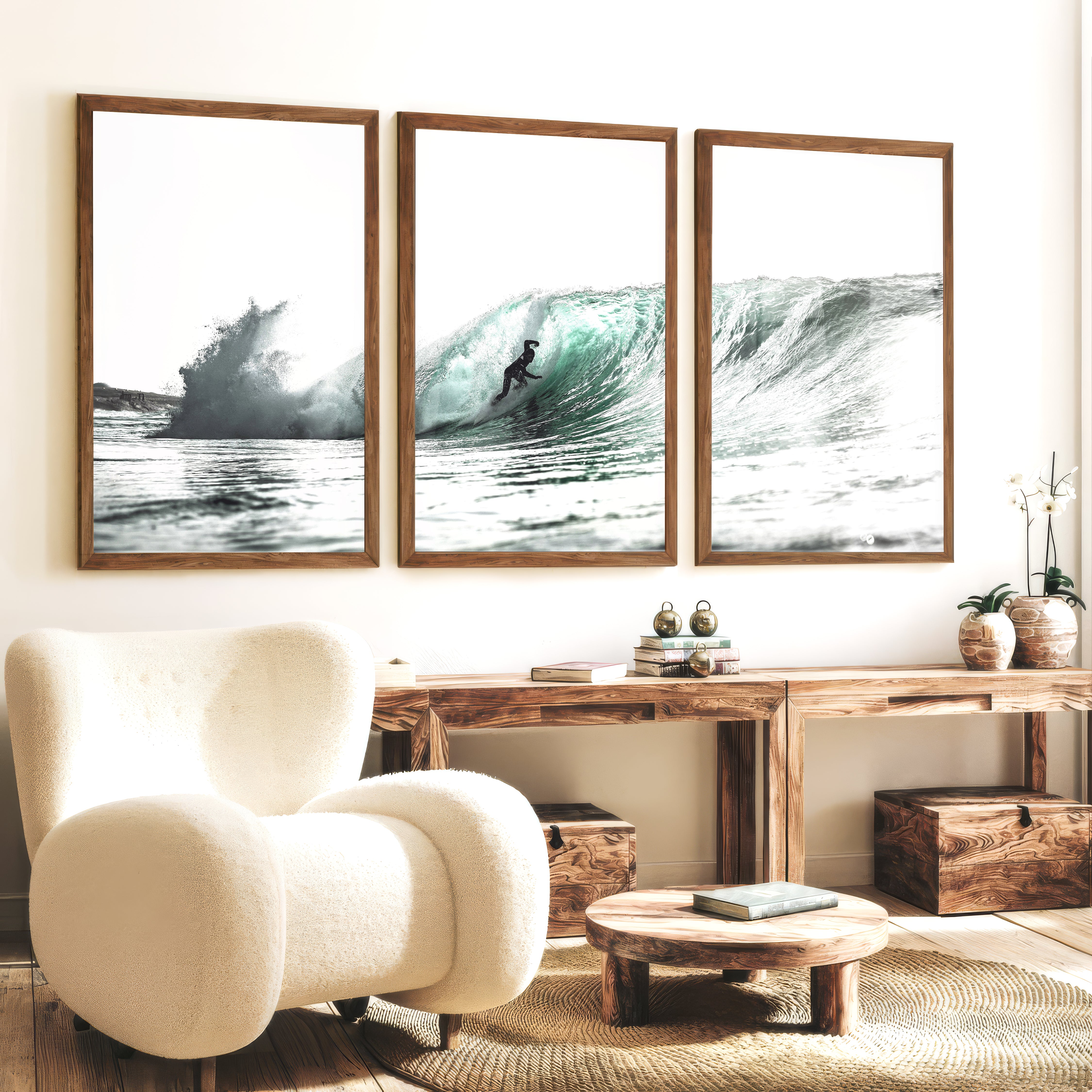 Teal Barrel Surfer ocean wall art decor - Dark Brown Framed Poster No Border - Artworksets