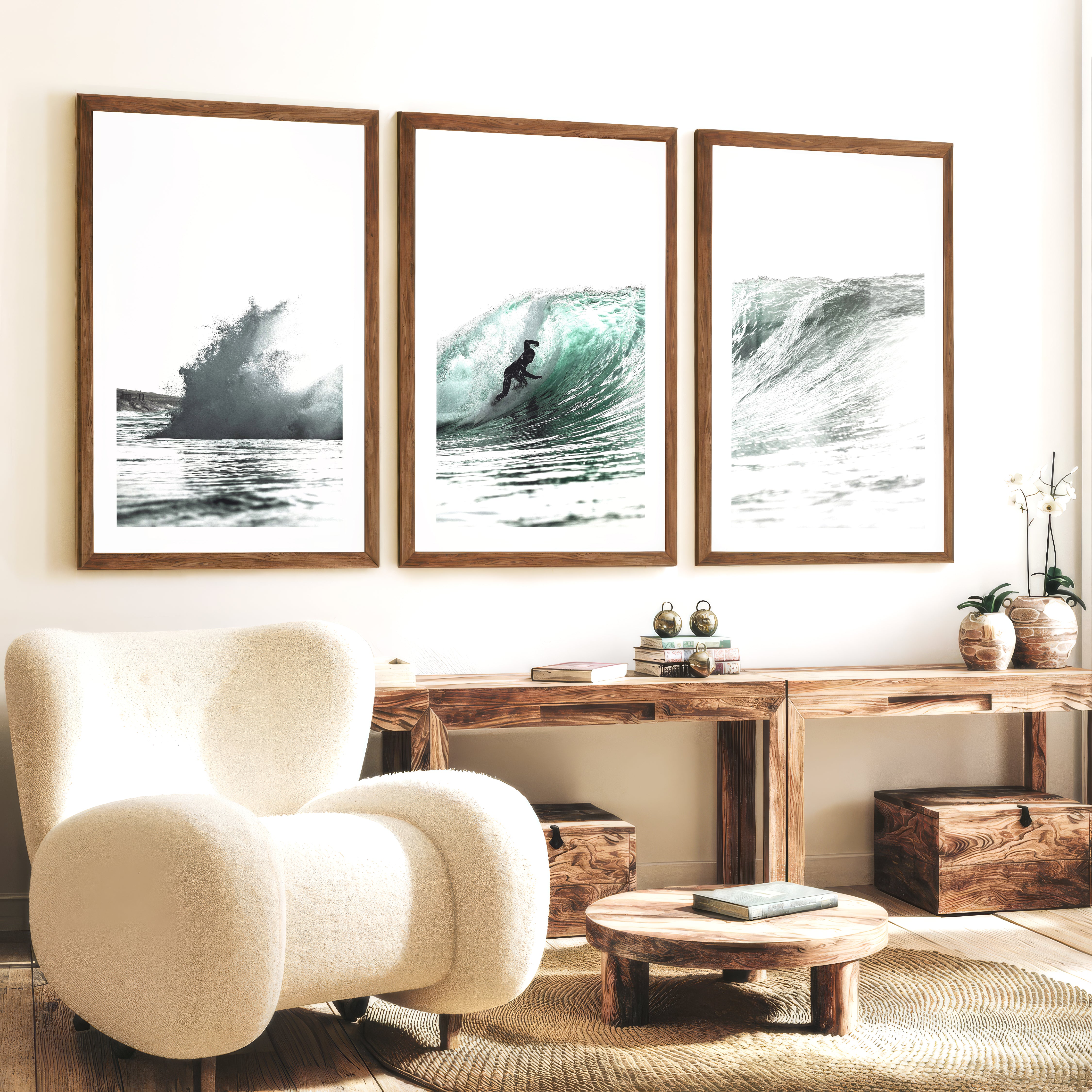 Teal Barrel Surfer ocean wall art decor - Dark Brown Framed Poster with White Border - Artworksets
