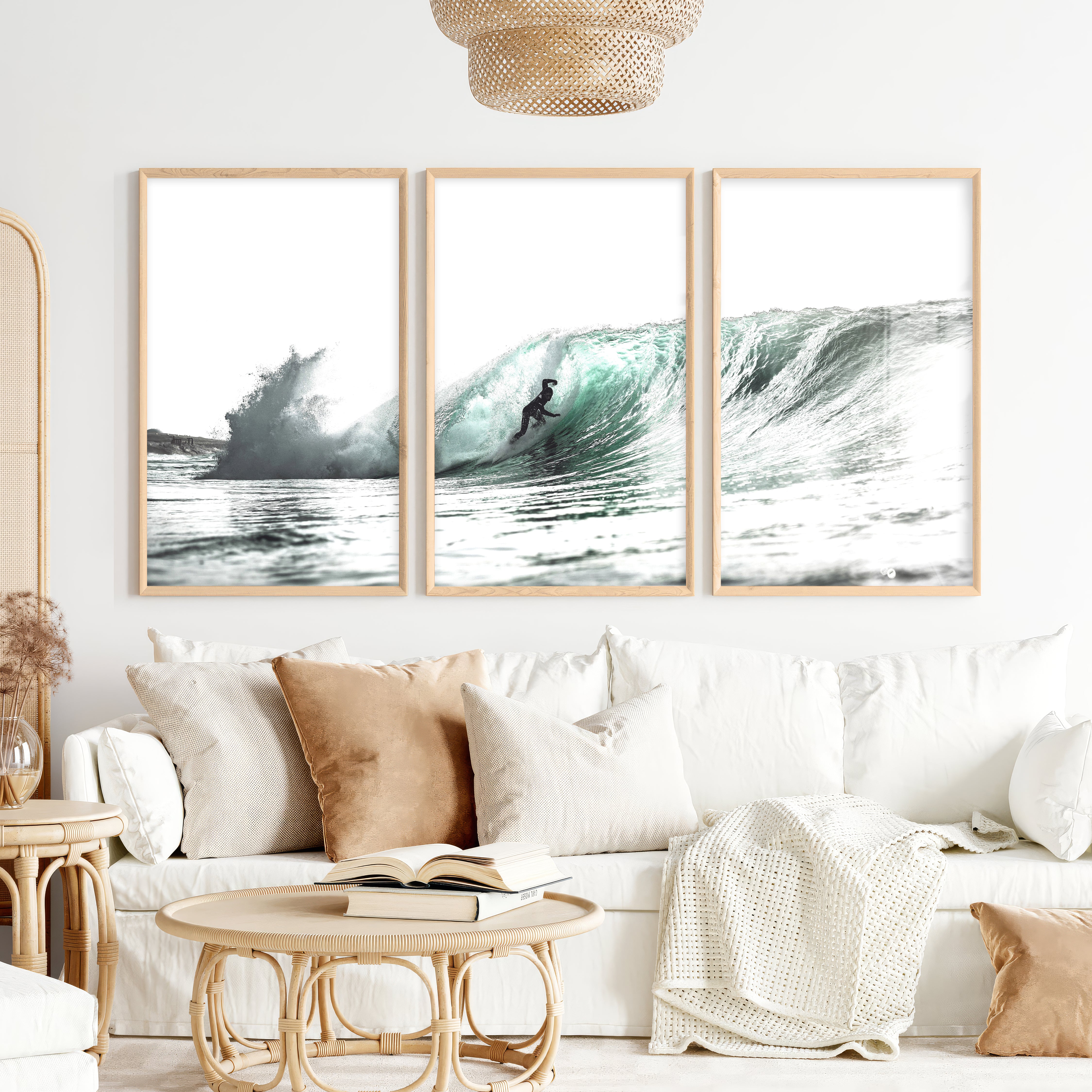 Teal Barrel Surfer ocean wall art decor - Natural Wood Framed Poster No Border - Artworksets