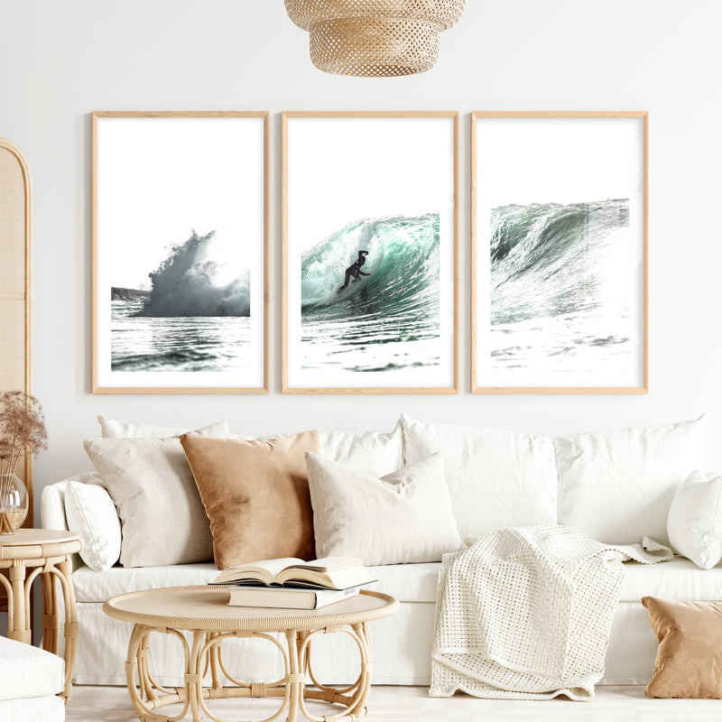 Teal Barrel Surfer ocean wall art decor- Natural Wood Framed Poster with White Border - Artworksets