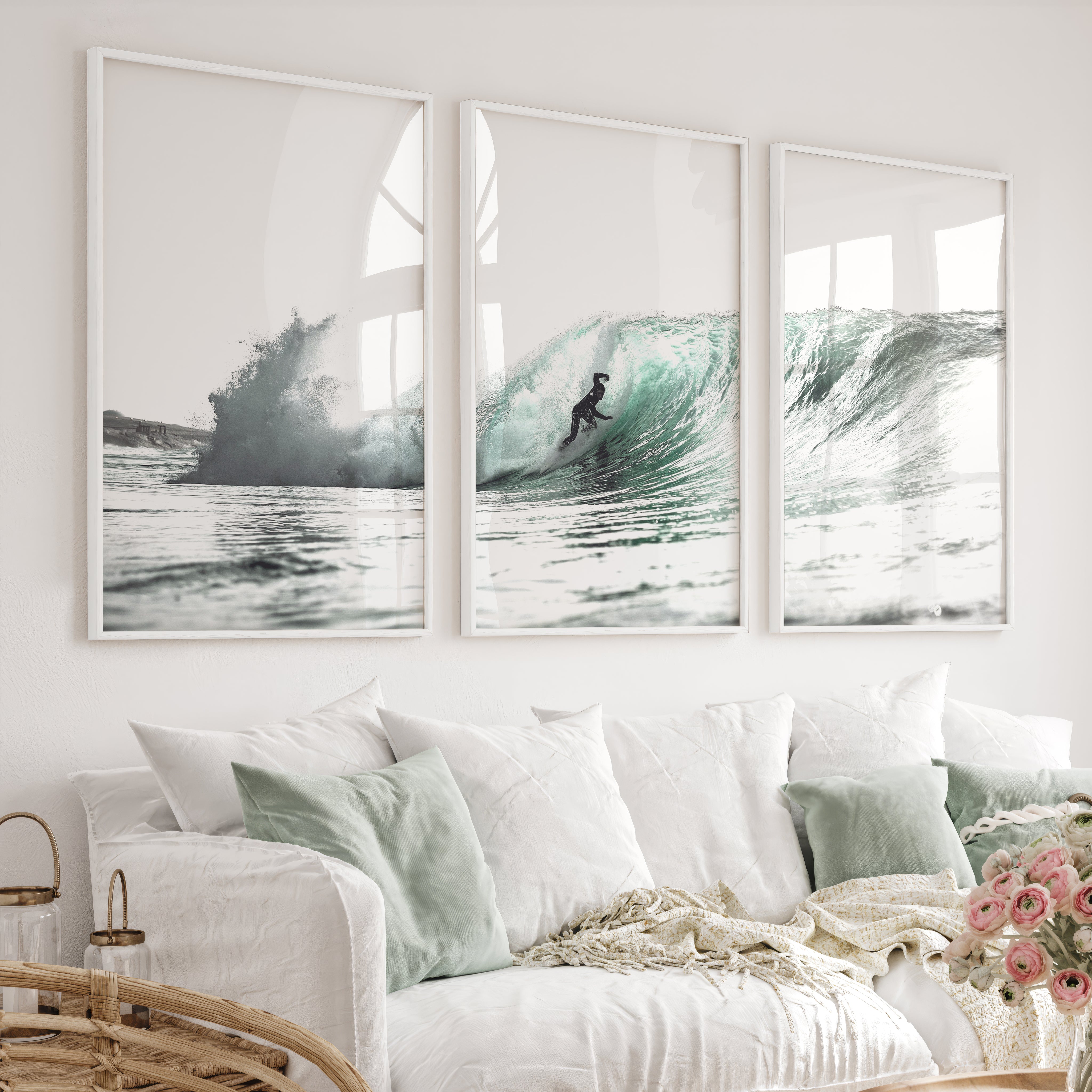 Teal Barrel Surfer ocean wall art decor - White Framed Poster No Border - Artworksets