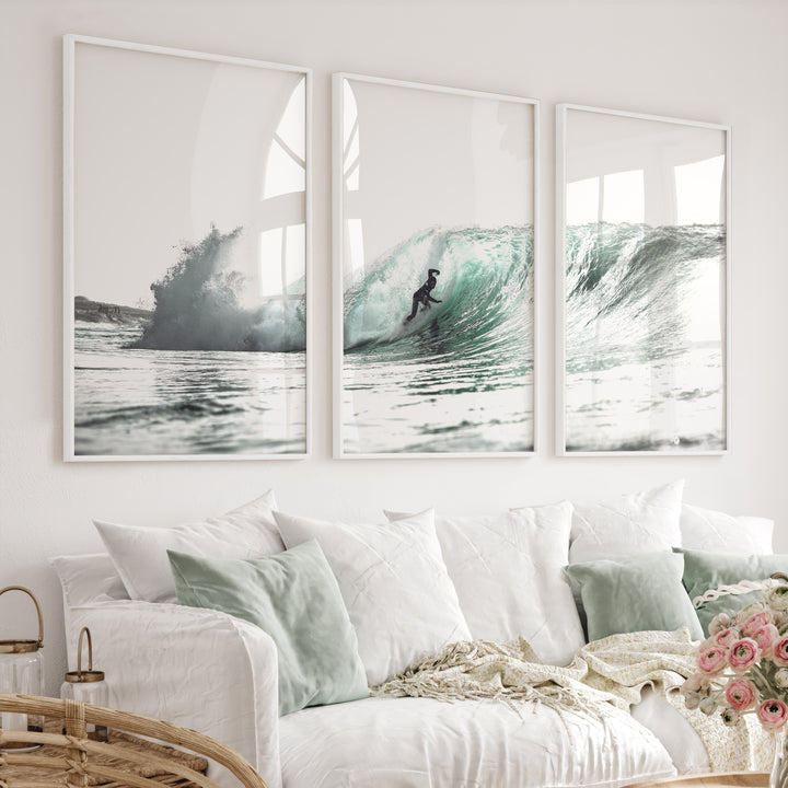 Teal Barrel Surfer ocean wall art decor - White Framed Poster No Border - Artworksets