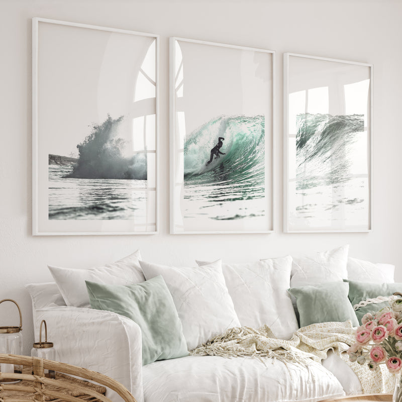 Teal Barrel Surfer ocean wall art decor - White Framed Poster with White Border - Artworksets