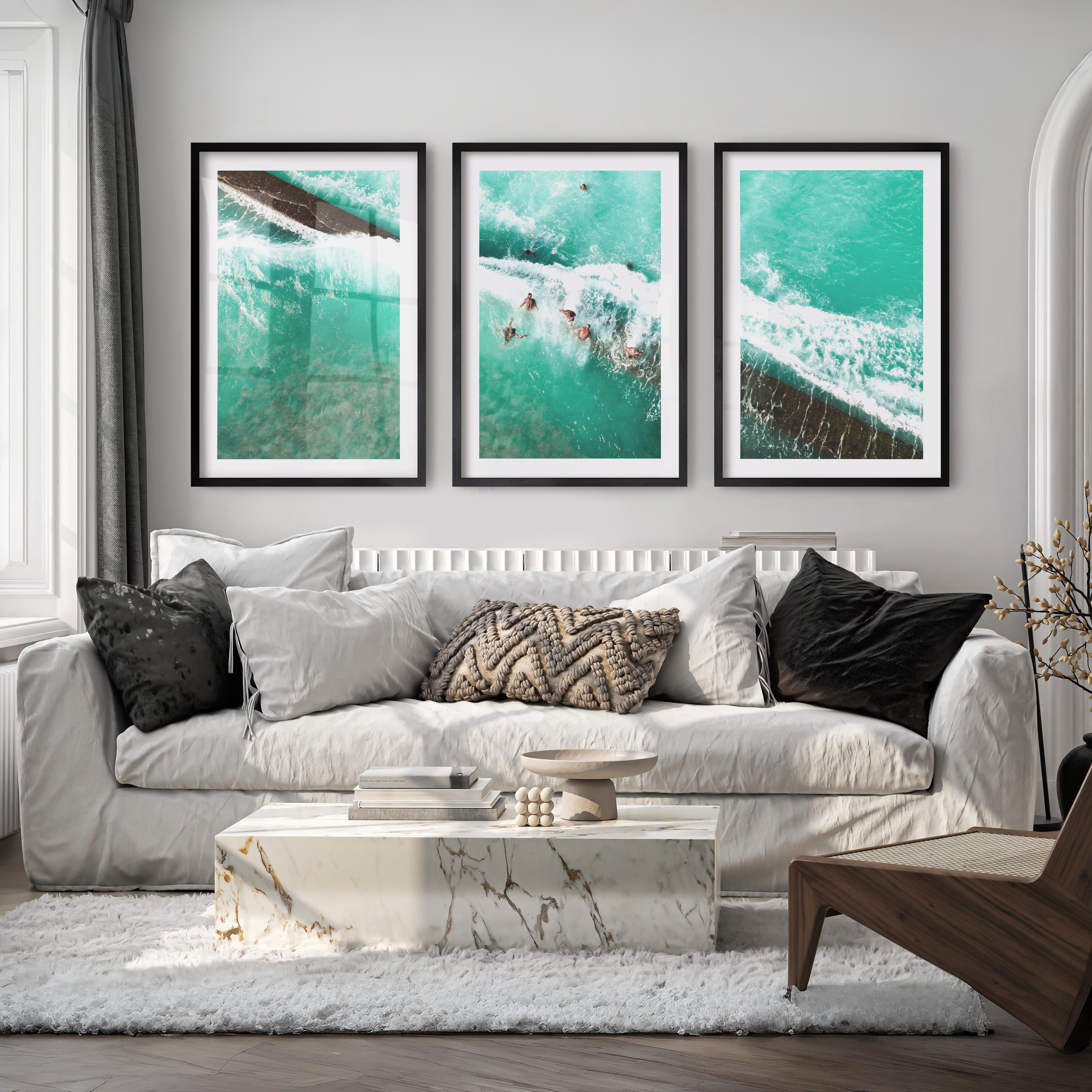 Aerial Swimmers Ocean Wall Art Decor - Black Framed Poster with White Border - Artworksets