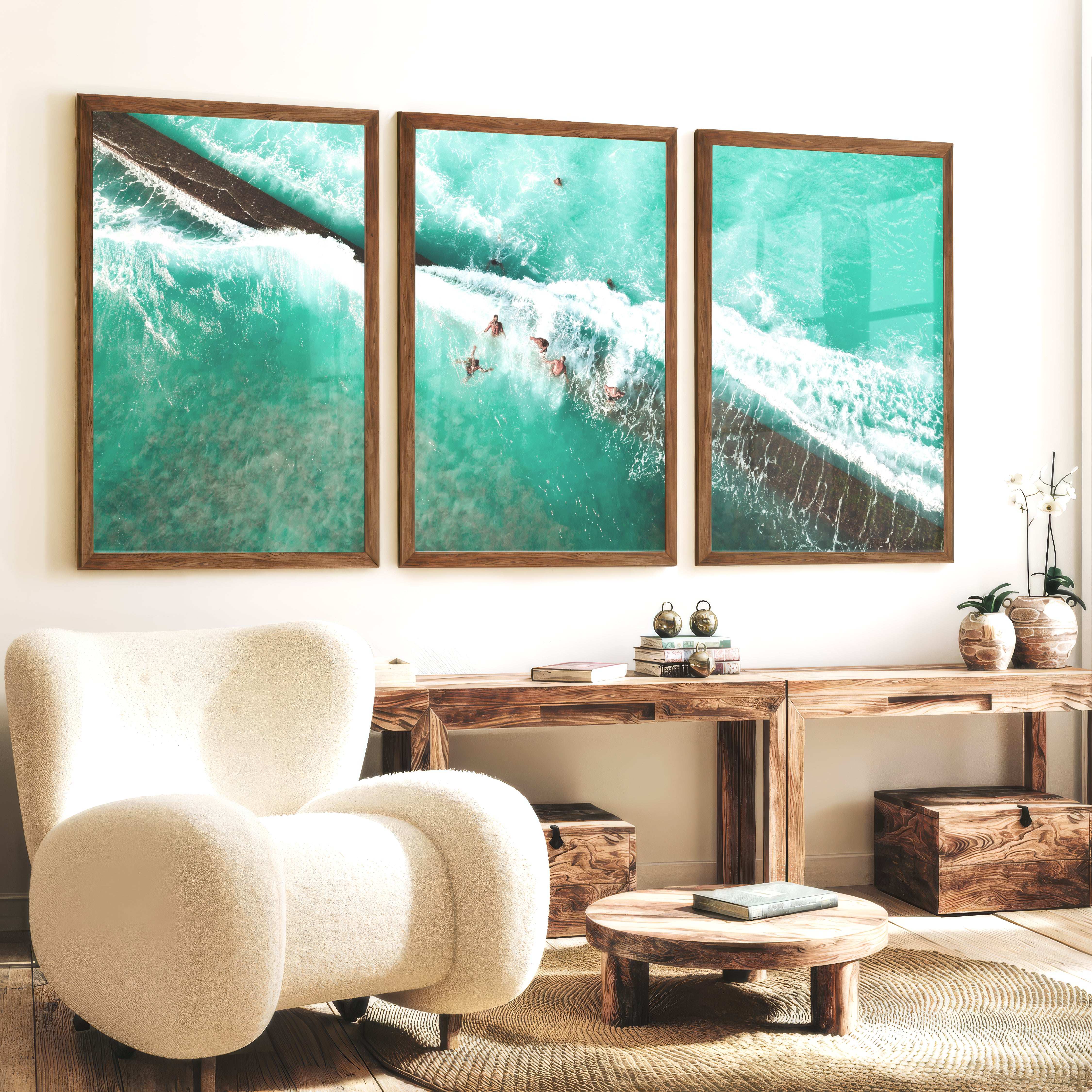 Aerial Swimmers Ocean Wall Art Decor - Dark Brown Framed Poster No Border - Artworksets