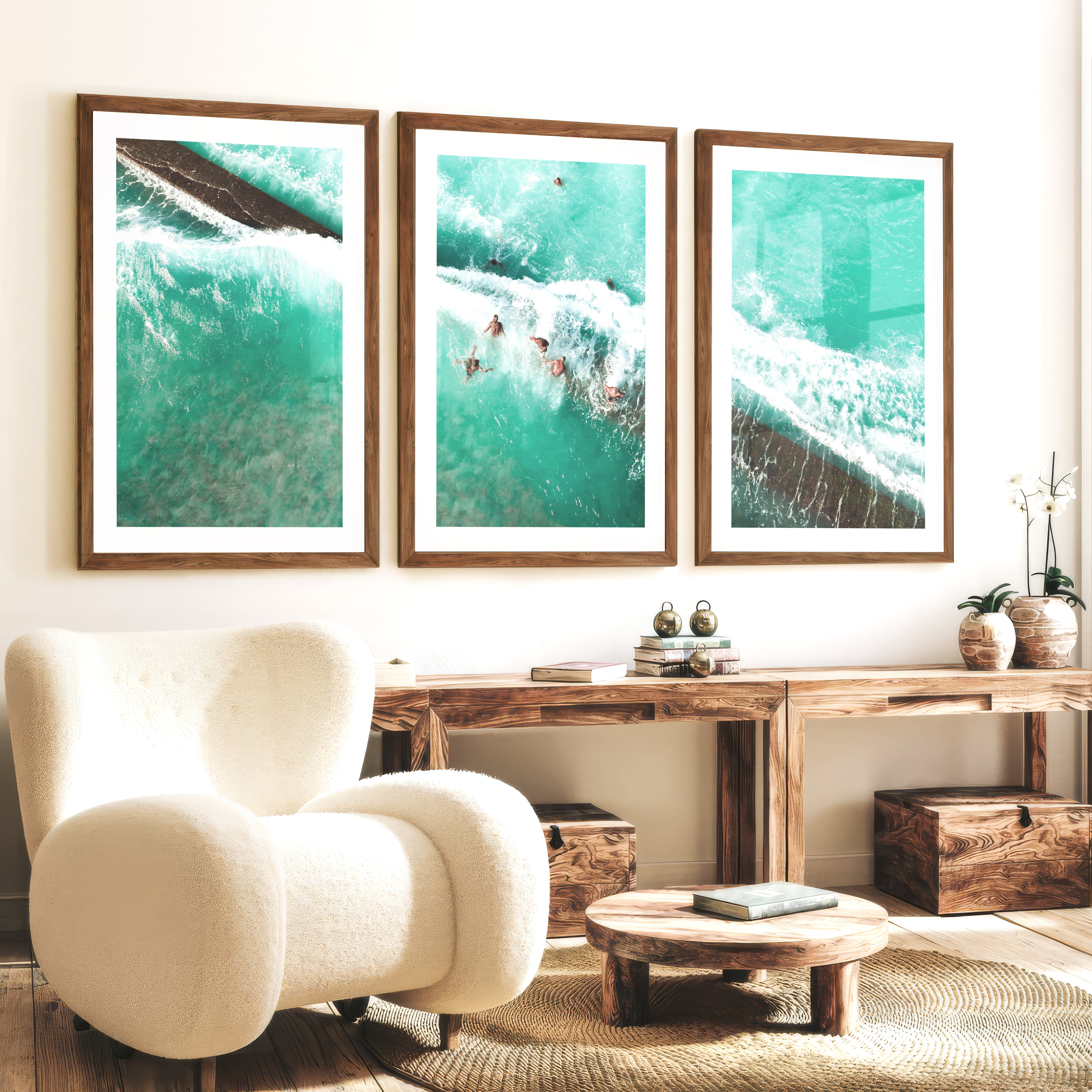 Aerial Swimmers Ocean Wall Art Decor - Dark Brown Framed Poster with White Border - Artworksets