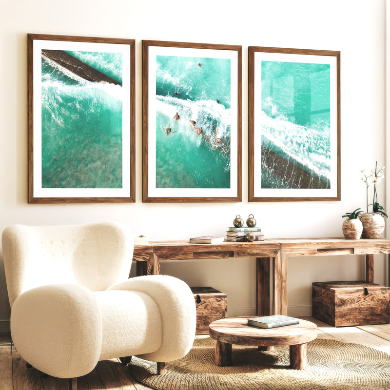 Aerial Swimmers Ocean Wall Art Decor - Dark Brown Framed Poster with White Border - Artworksets