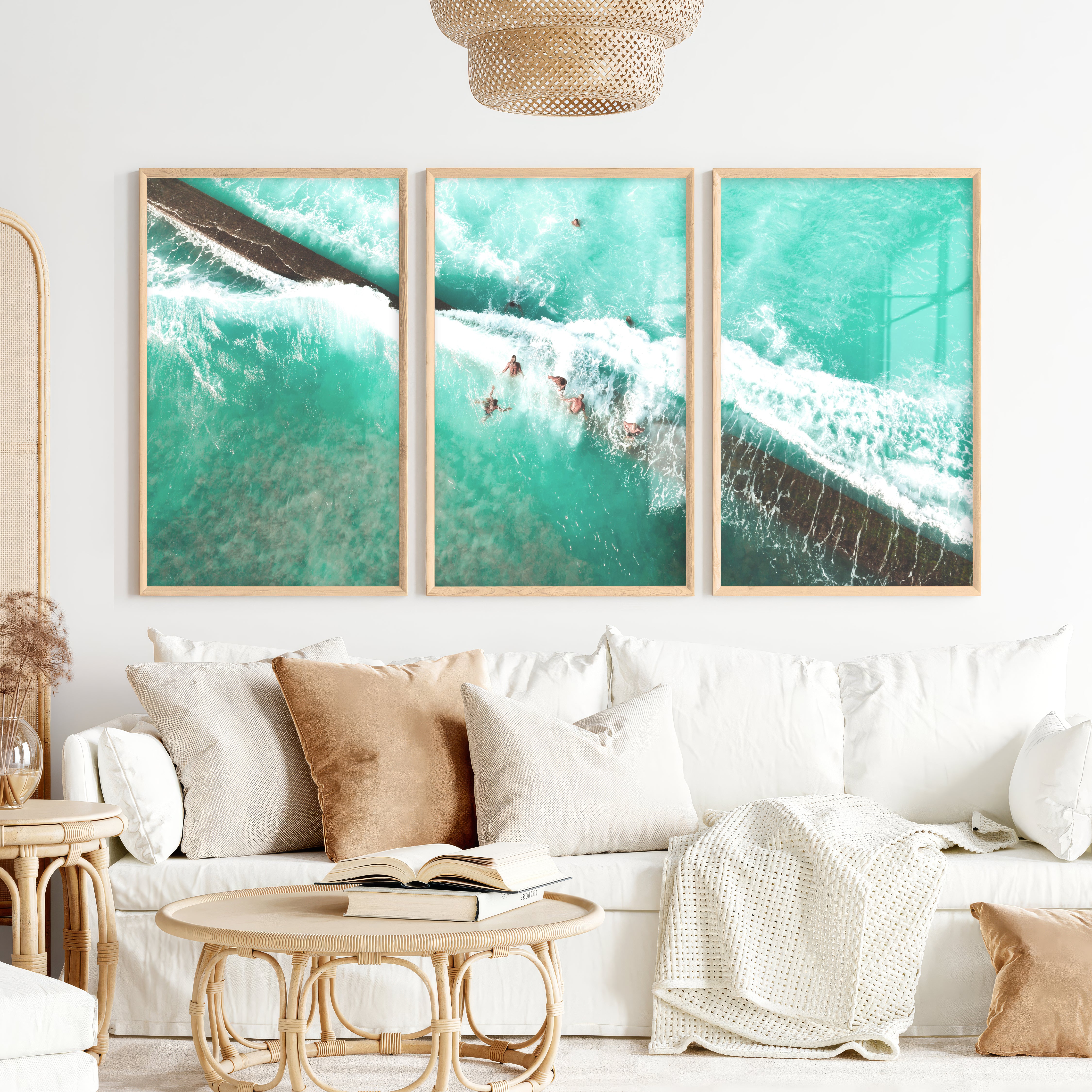 Aerial Swimmers Ocean Wall Art Decor - Natural Wood Framed Poster No Border - Artworksets