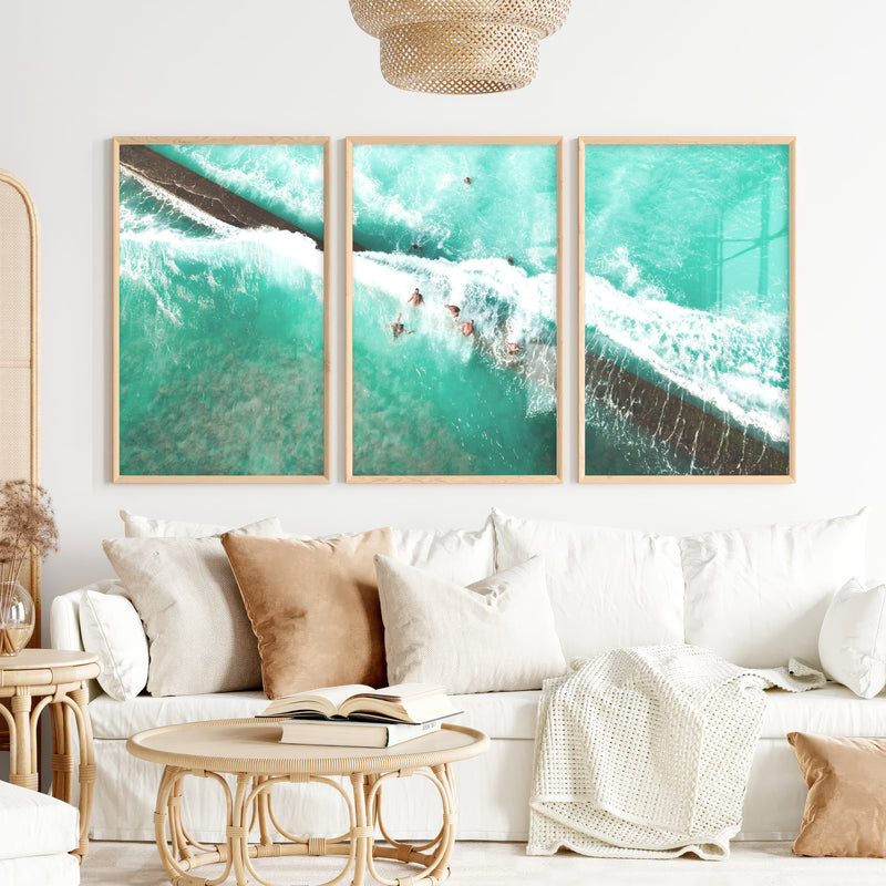 Aerial Swimmers Ocean Wall Art Decor - Natural Wood Framed Poster No Border - Artworksets