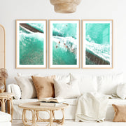 Aerial Swimmers Ocean Wall Art Decor- Natural Wood Framed Poster with White Border - Artworksets