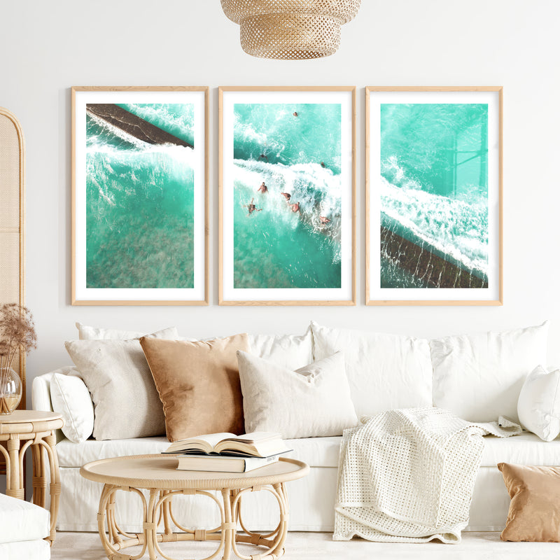 Aerial Swimmers Ocean Wall Art Decor- Natural Wood Framed Poster with White Border - Artworksets