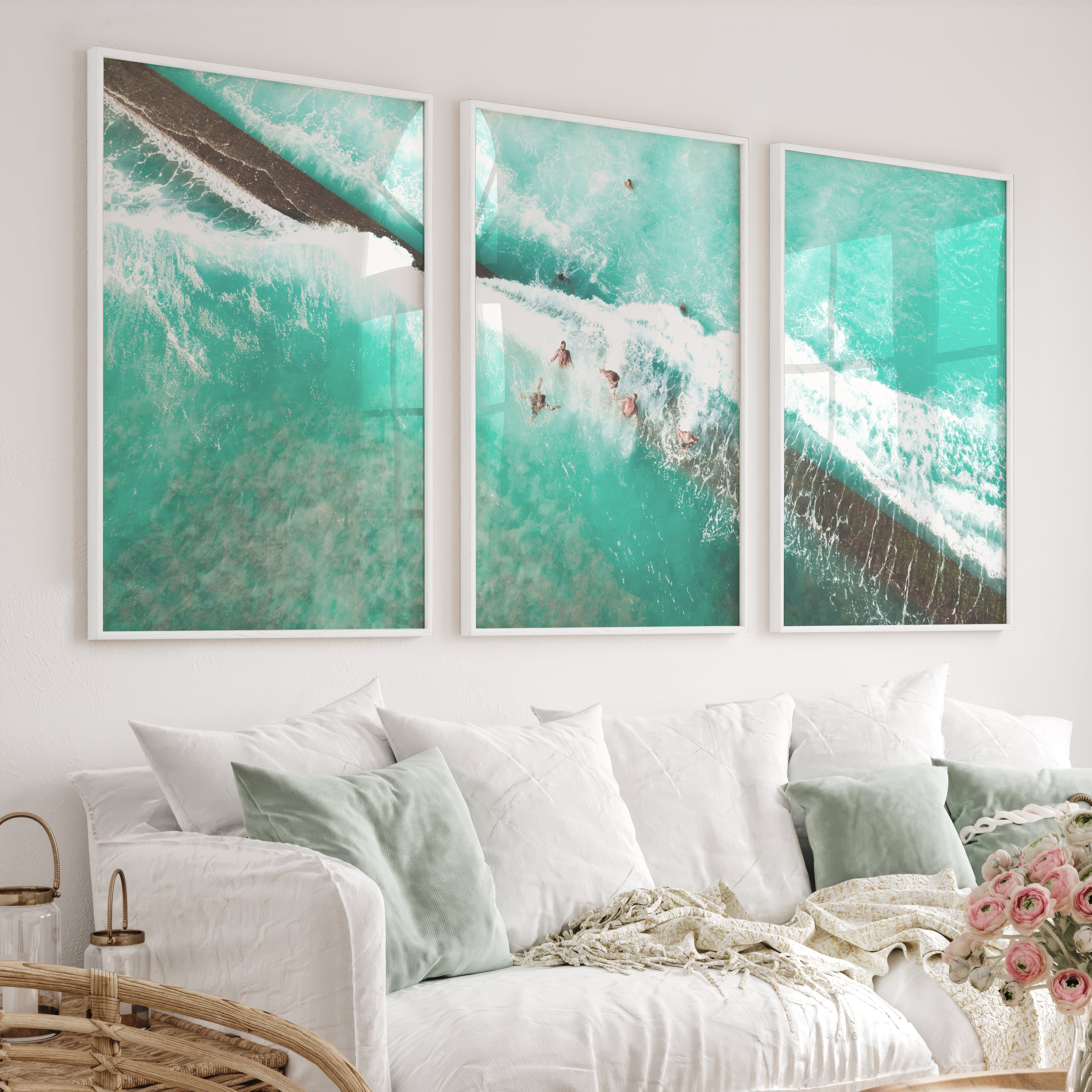 Aerial Swimmers Ocean Wall Art Decor - White Framed Poster No Border - Artworksets