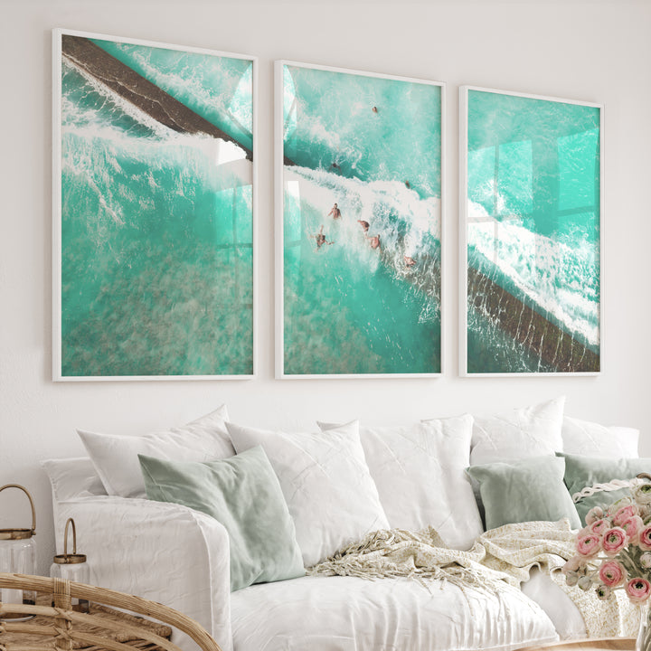 Aerial Swimmers Ocean Wall Art Decor - White Framed Poster No Border - Artworksets