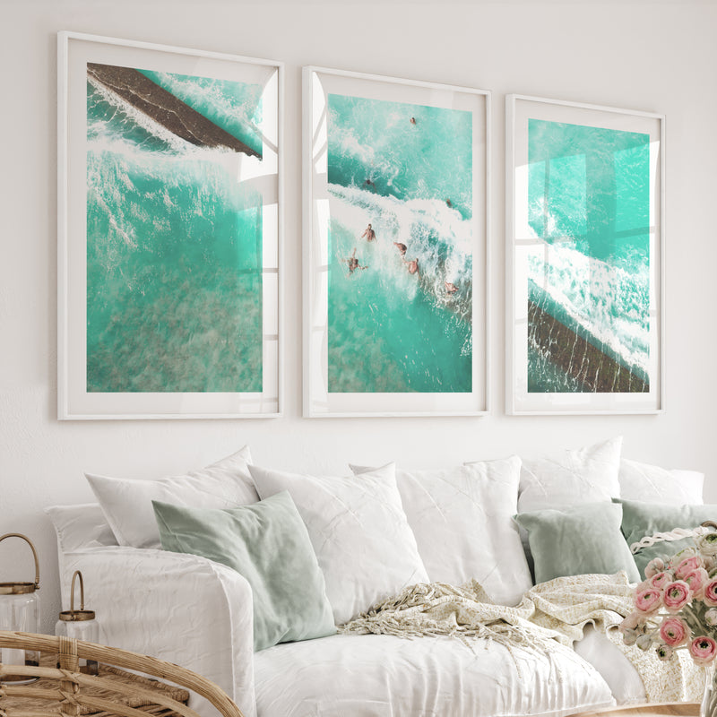 Aerial Swimmers Ocean Wall Art Decor - White Framed Poster with White Border - Artworksets