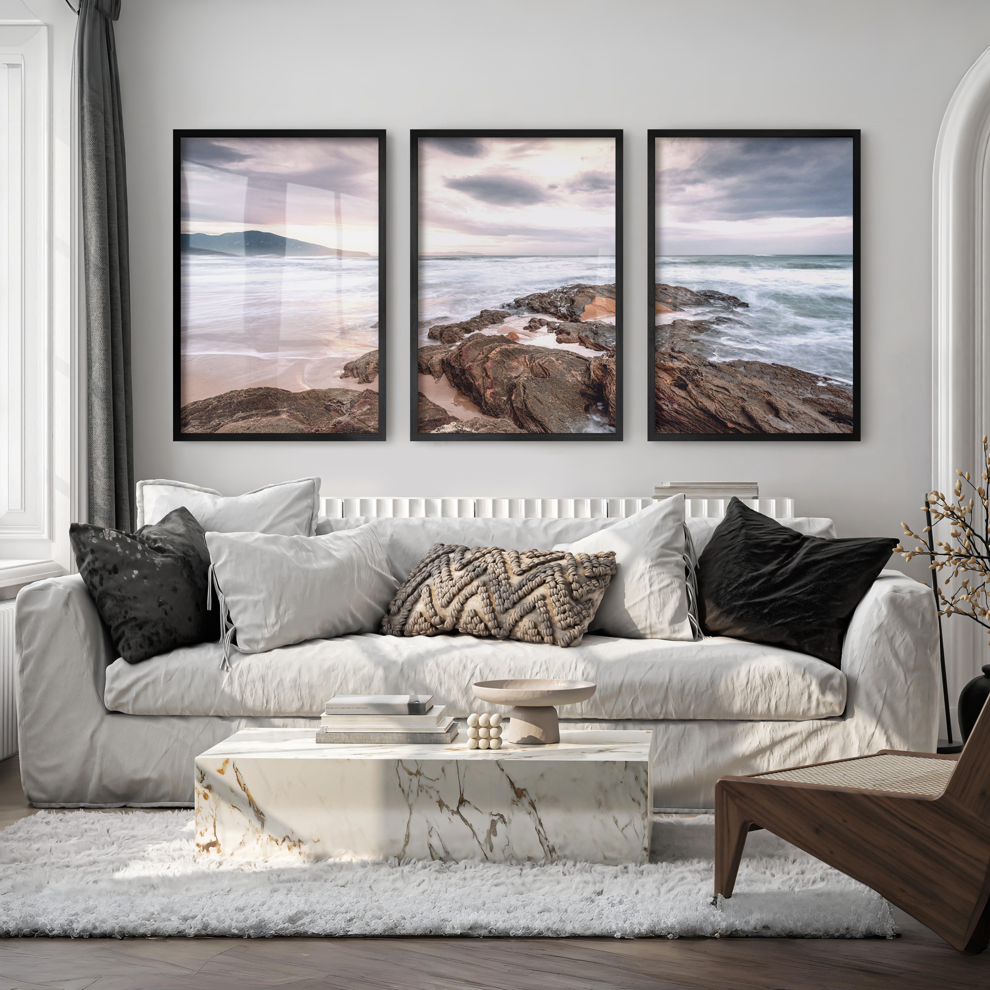 Rocky Sunset Shore Ocean Wall Art - Black Framed Poster No Border - Artworksets