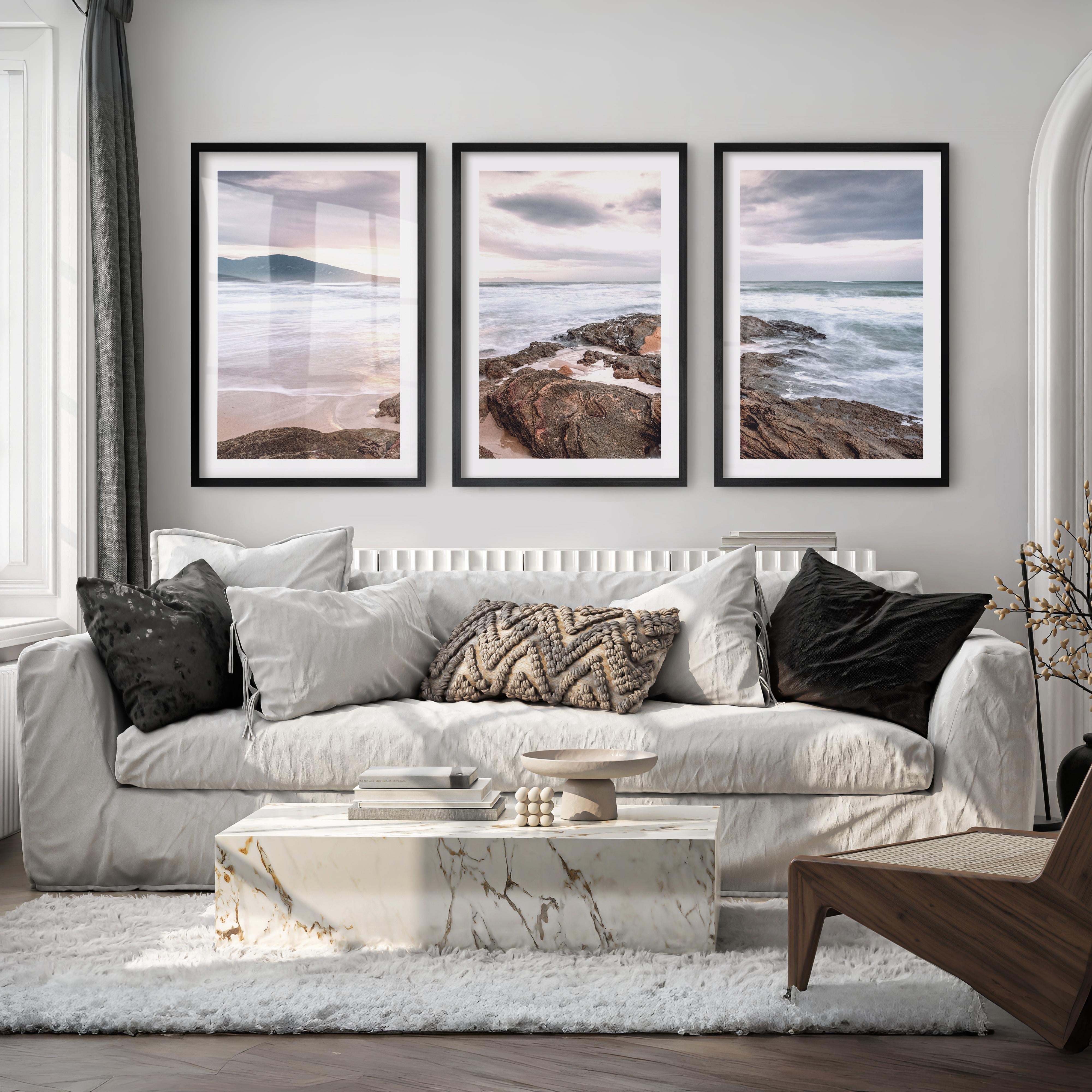 Rocky Sunset Shore Ocean Wall Art - Black Framed Poster with White Border - Artworksets