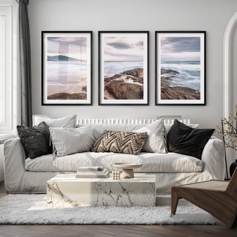 Rocky Sunset Shore Ocean Wall Art - Black Framed Poster with White Border - Artworksets
