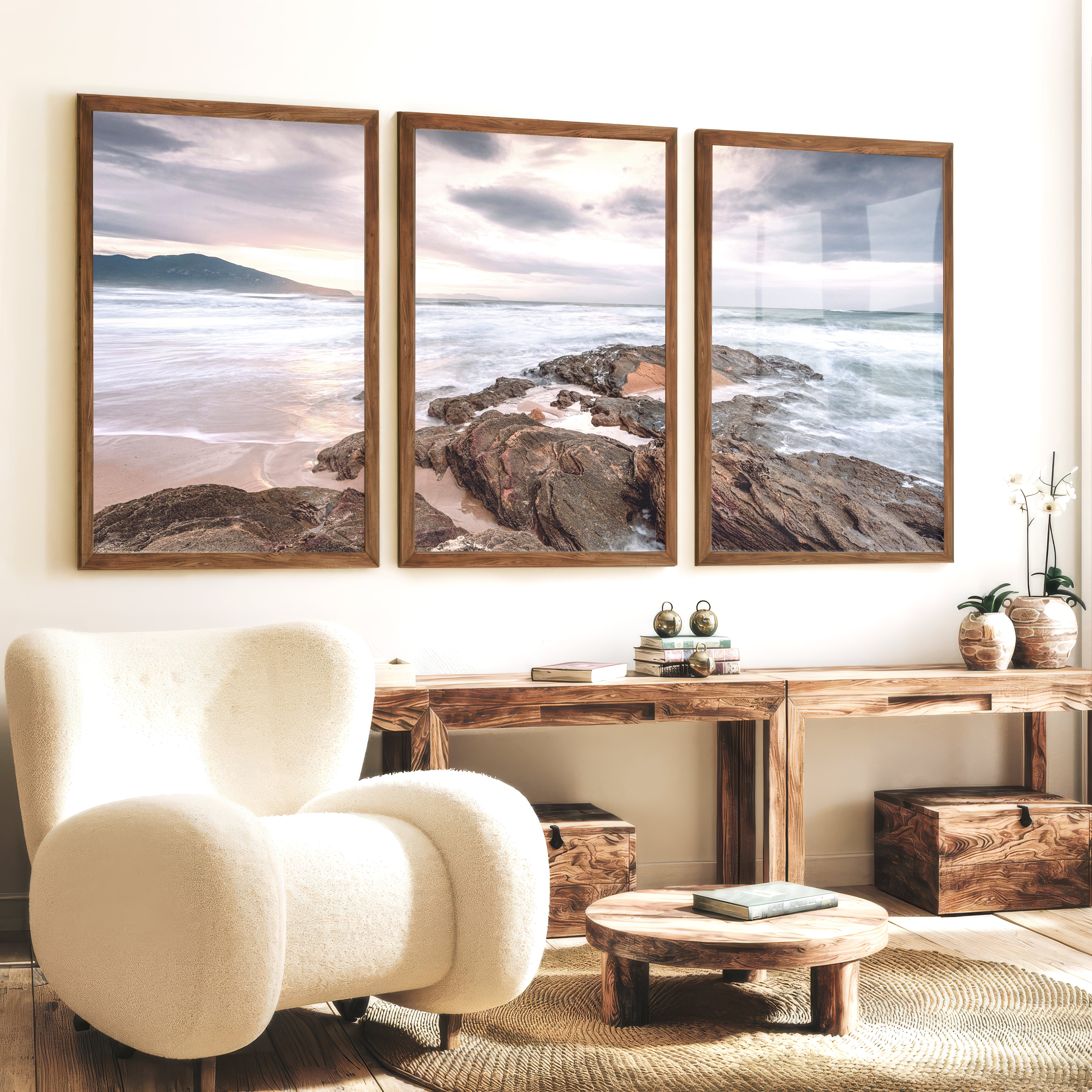 Rocky Sunset Shore Ocean Wall Art - Dark Brown Framed Poster No Border - Artworksets