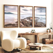 Rocky Sunset Shore Ocean Wall Art - Dark Brown Framed Poster No Border - Artworksets