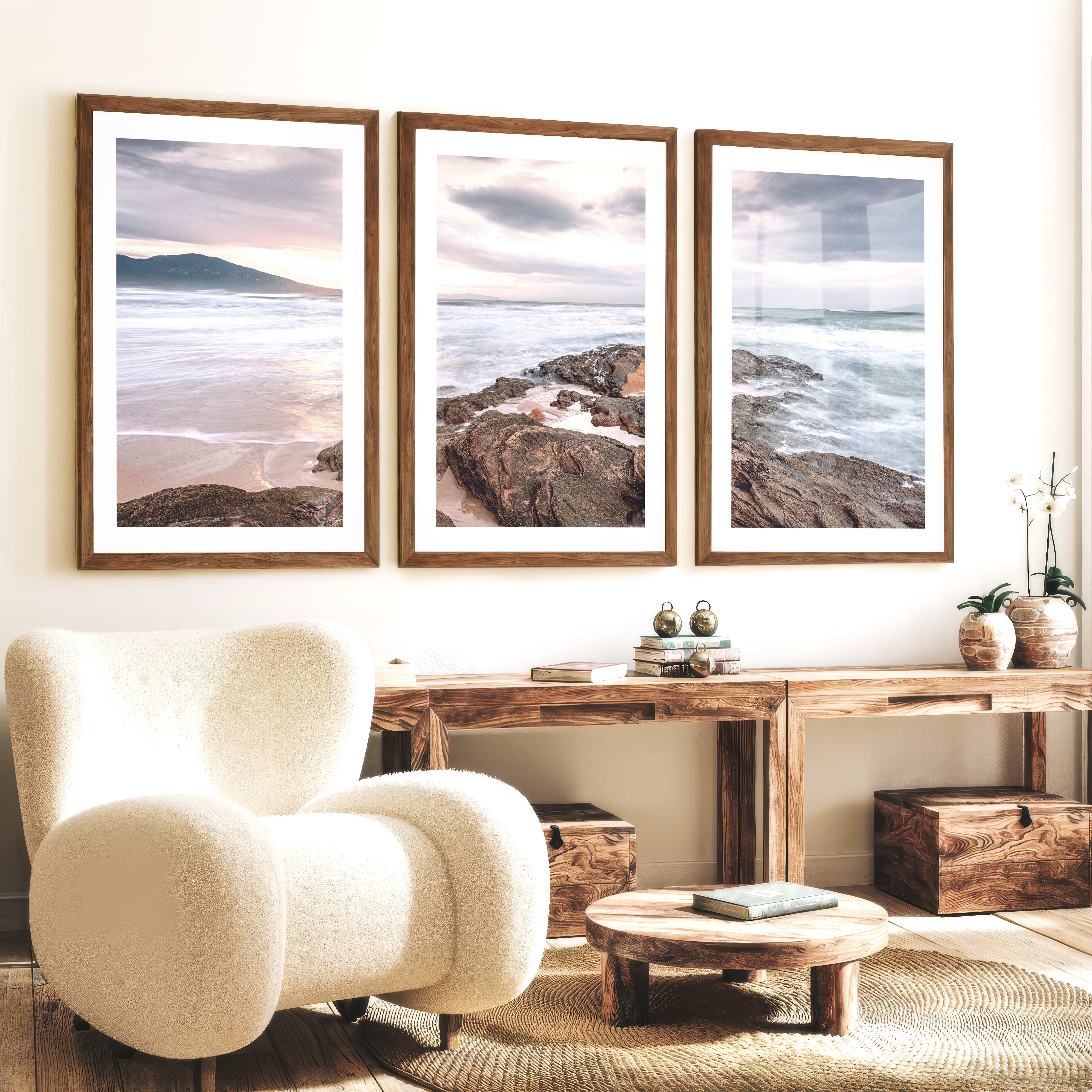 Rocky Sunset Shore Ocean Wall Art - Dark Brown Framed Poster with White Border - Artworksets