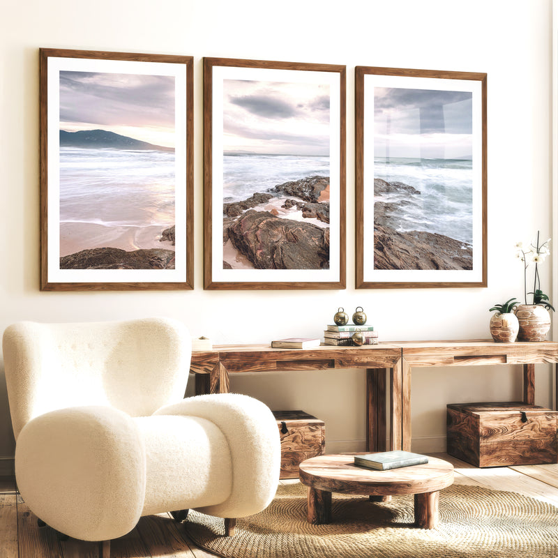 Rocky Sunset Shore Ocean Wall Art - Dark Brown Framed Poster with White Border - Artworksets