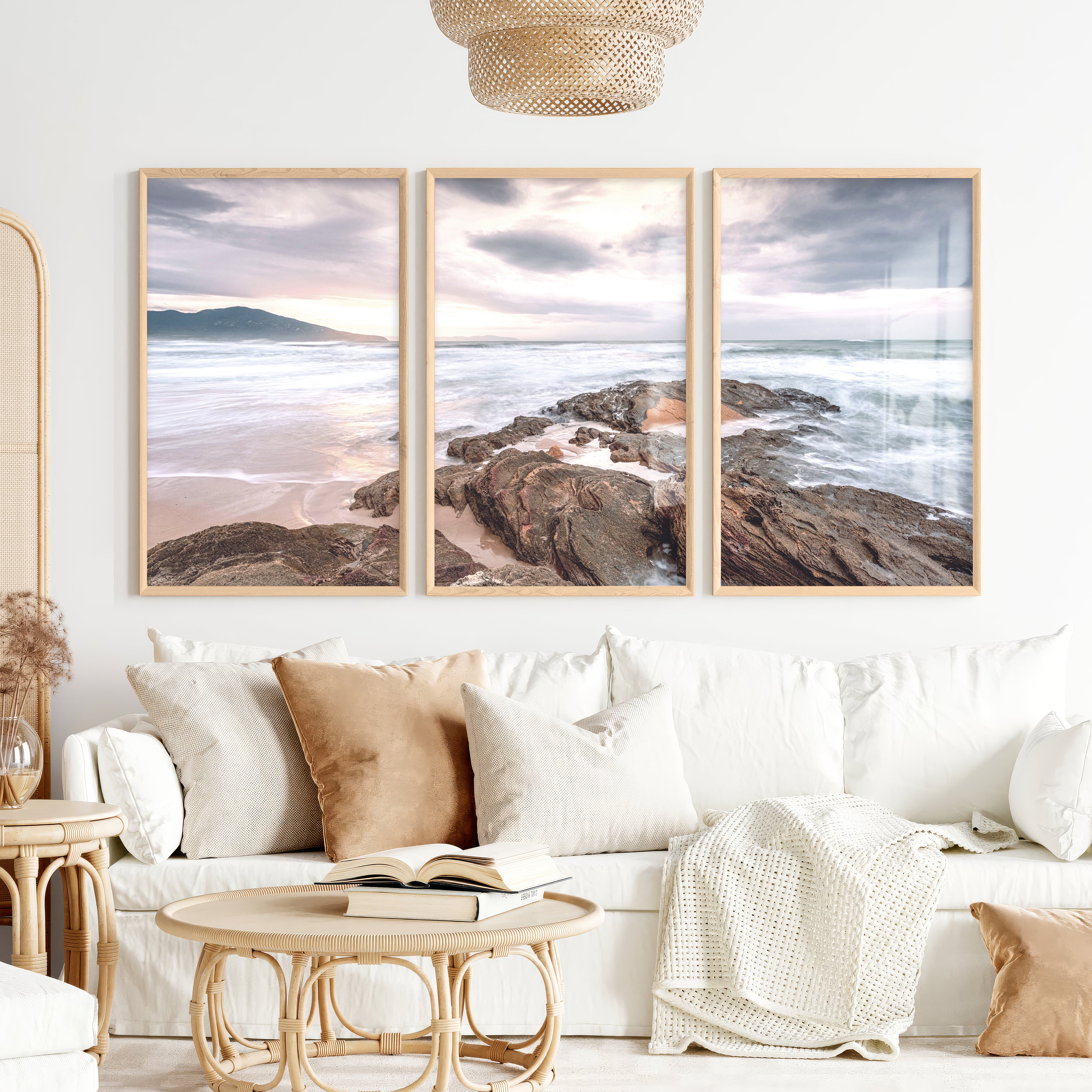 Rocky Sunset Shore Ocean Wall Art - Natural Wood Framed Poster No Border - Artworksets