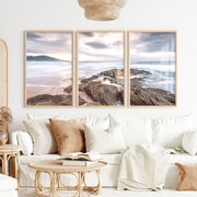 Rocky Sunset Shore Ocean Wall Art - Natural Wood Framed Poster No Border - Artworksets