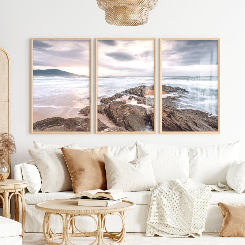 Rocky Sunset Shore Ocean Wall Art - Natural Wood Framed Poster No Border - Artworksets