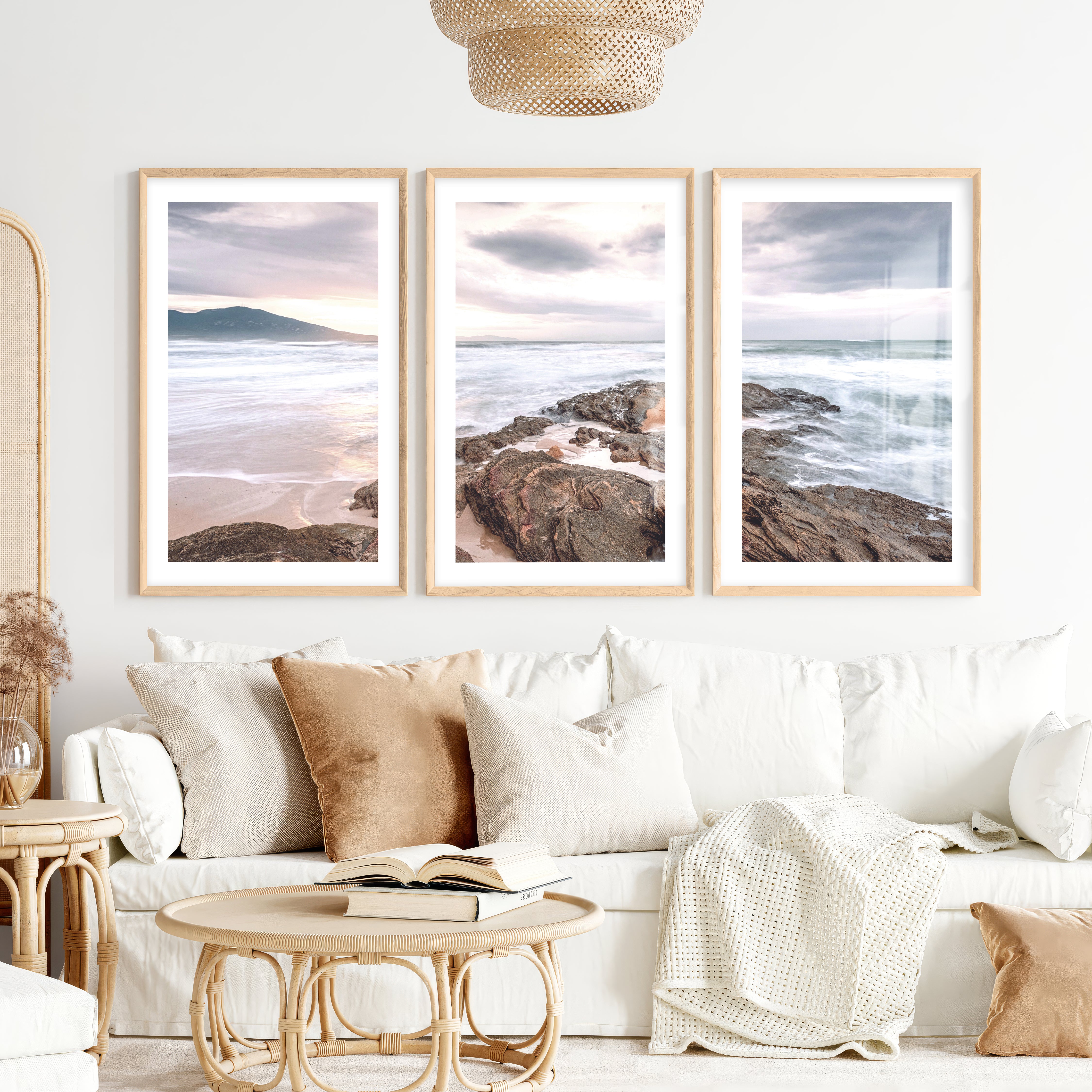 Rocky Sunset Shore Ocean Wall Art- Natural Wood Framed Poster with White Border - Artworksets