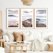 Rocky Sunset Shore Ocean Wall Art- Natural Wood Framed Poster with White Border - Artworksets