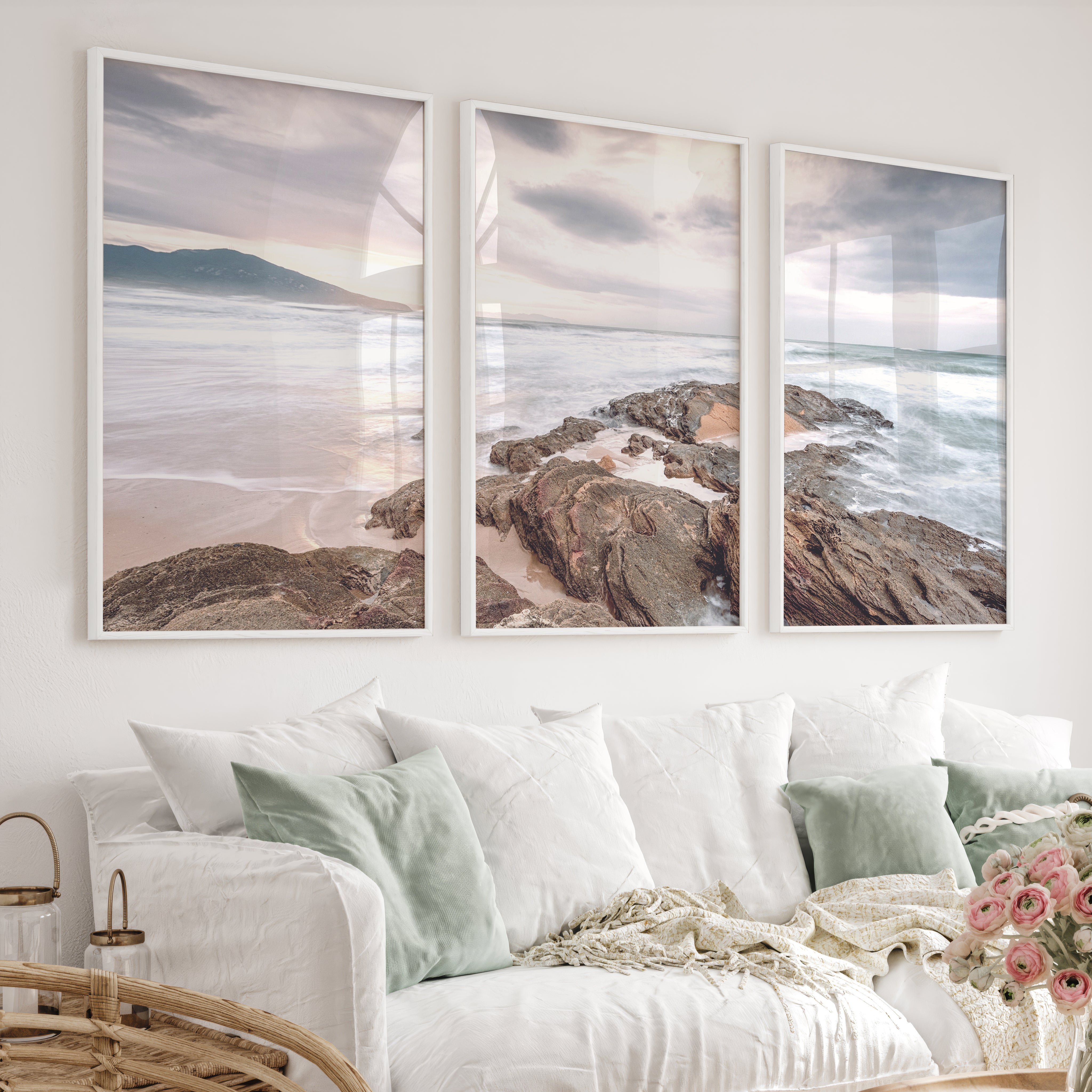 Rocky Sunset Shore Ocean Wall Art - White Framed Poster No Border - Artworksets