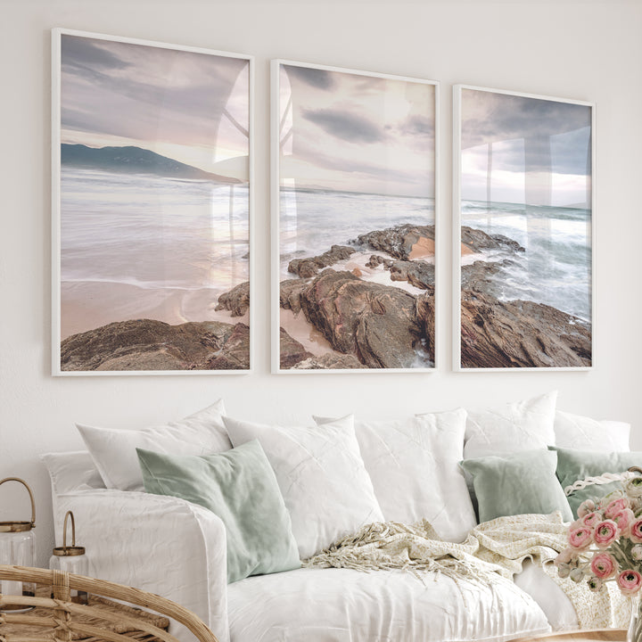 Rocky Sunset Shore Ocean Wall Art - White Framed Poster No Border - Artworksets
