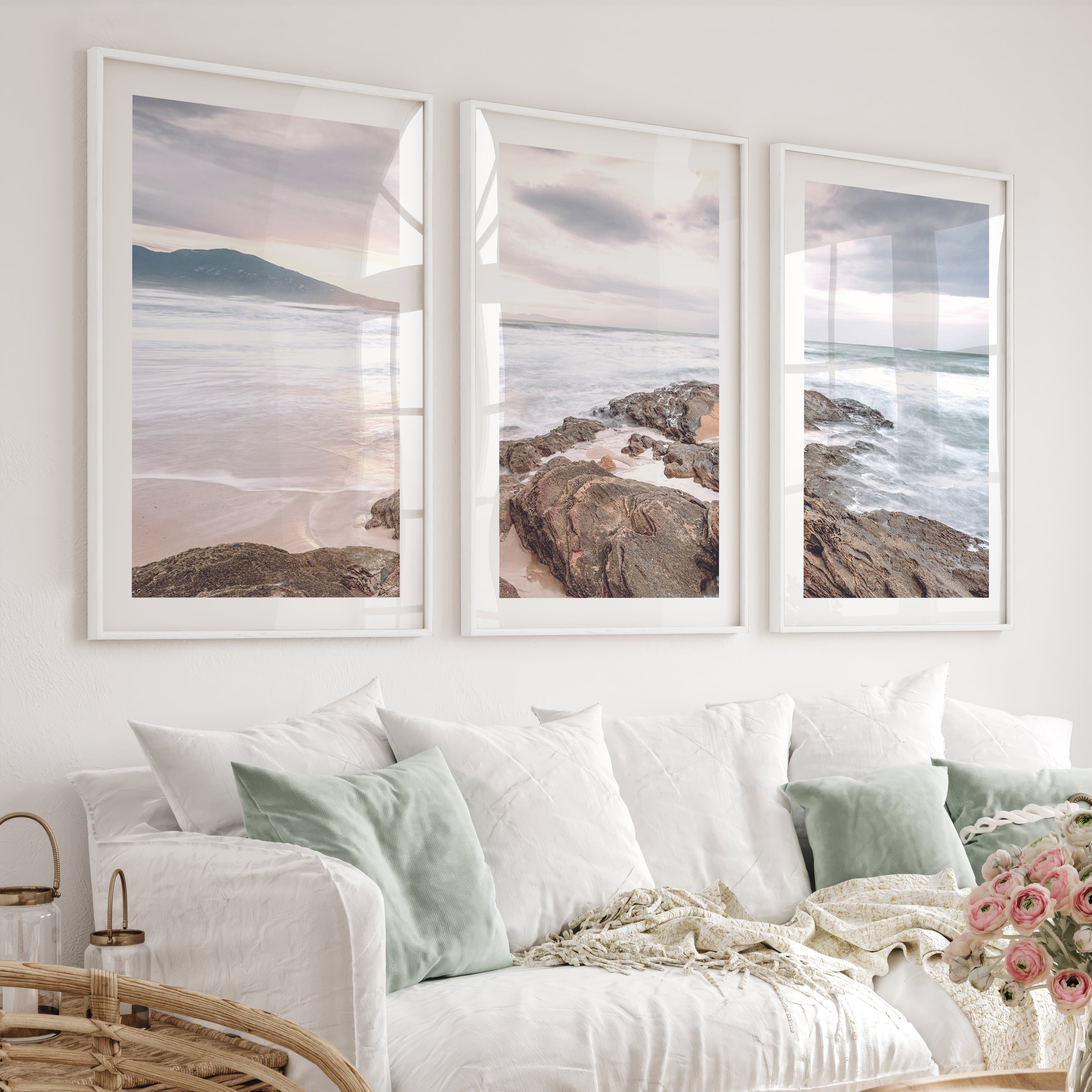 Rocky Sunset Shore Ocean Wall Art - White Framed Poster with White Border - Artworksets